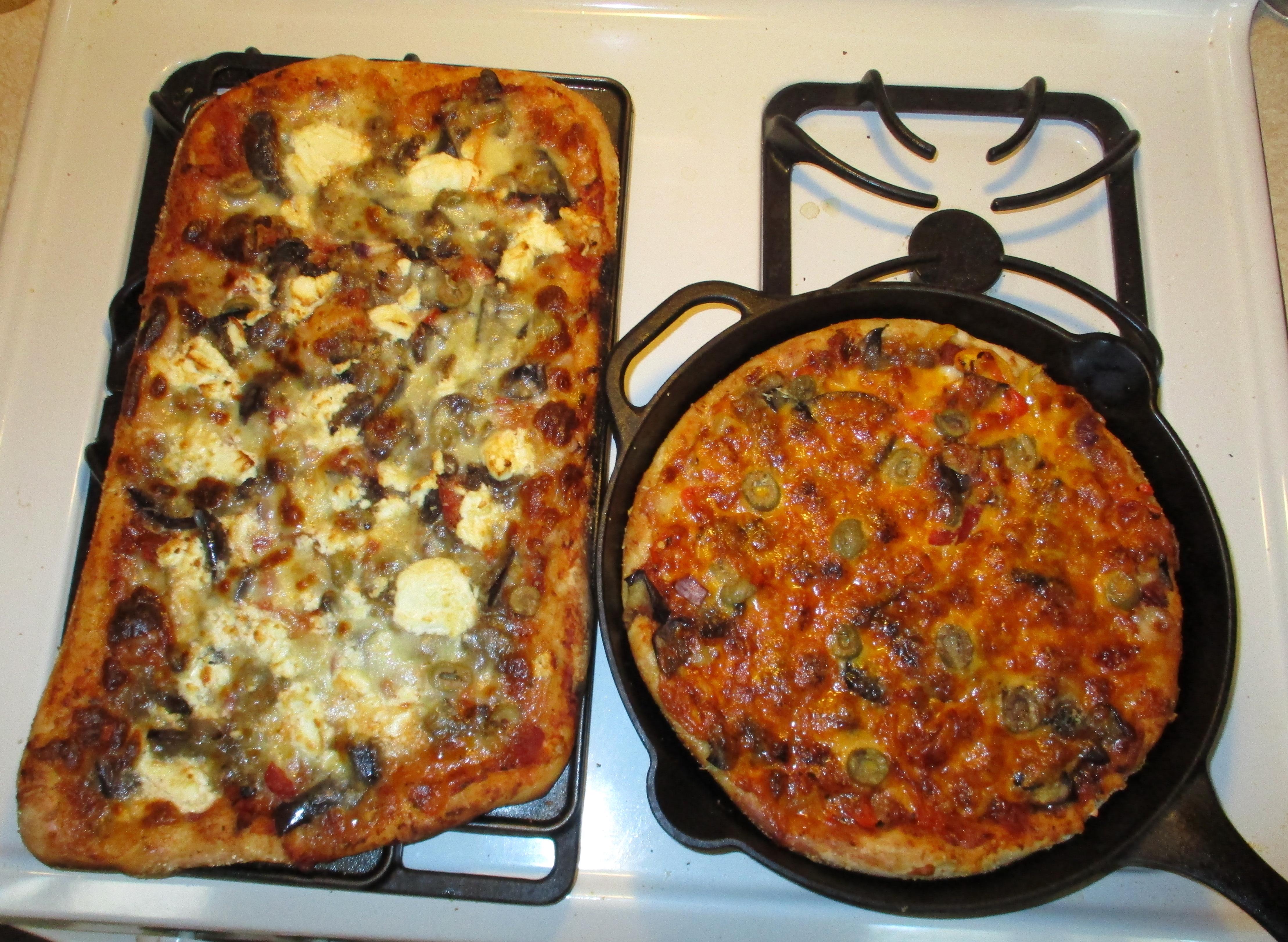 12 inch Deep dish pizza on the right. Regular thickness on the left