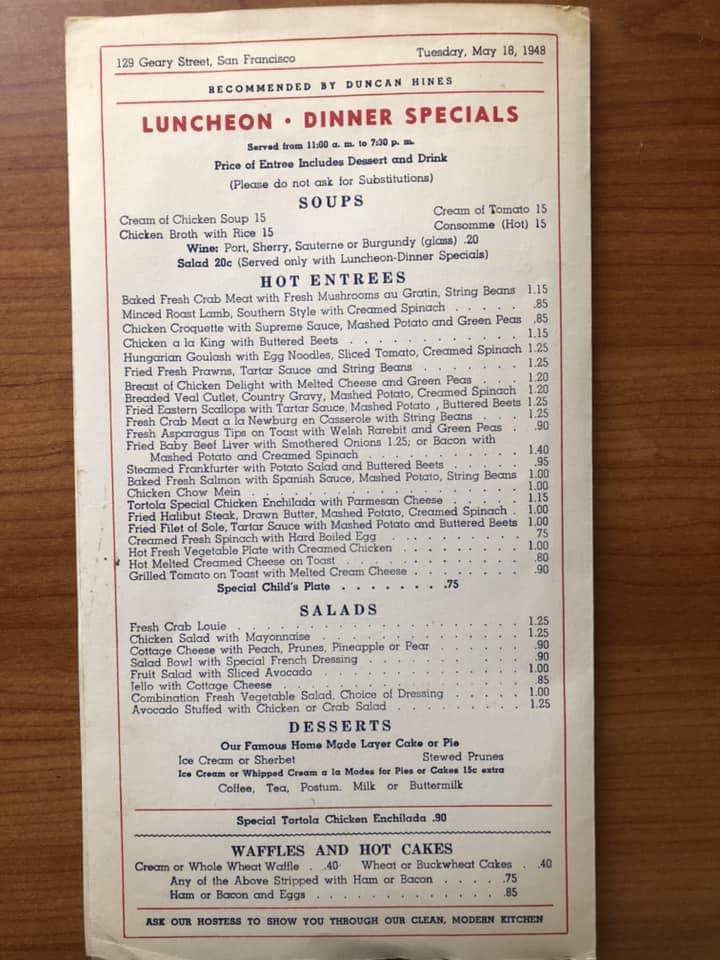 May 1948 dinner menu at Townsend’s restaurant at 129 Geary Street in