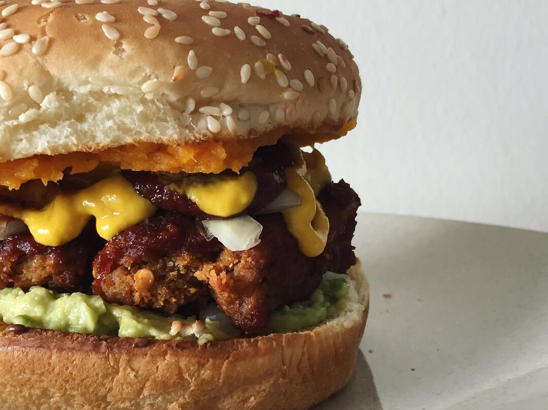 A fiery seitan burger! Recipe and components of the burger itself is