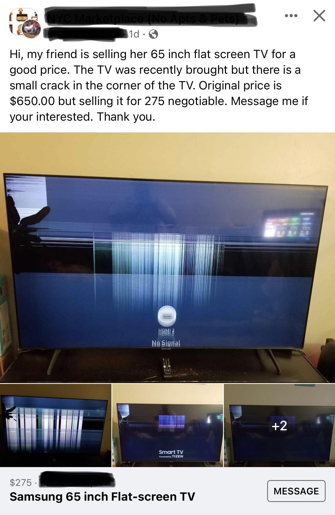 Broken and unusable 65” TV for a STEAL at 275! Step right up to throw