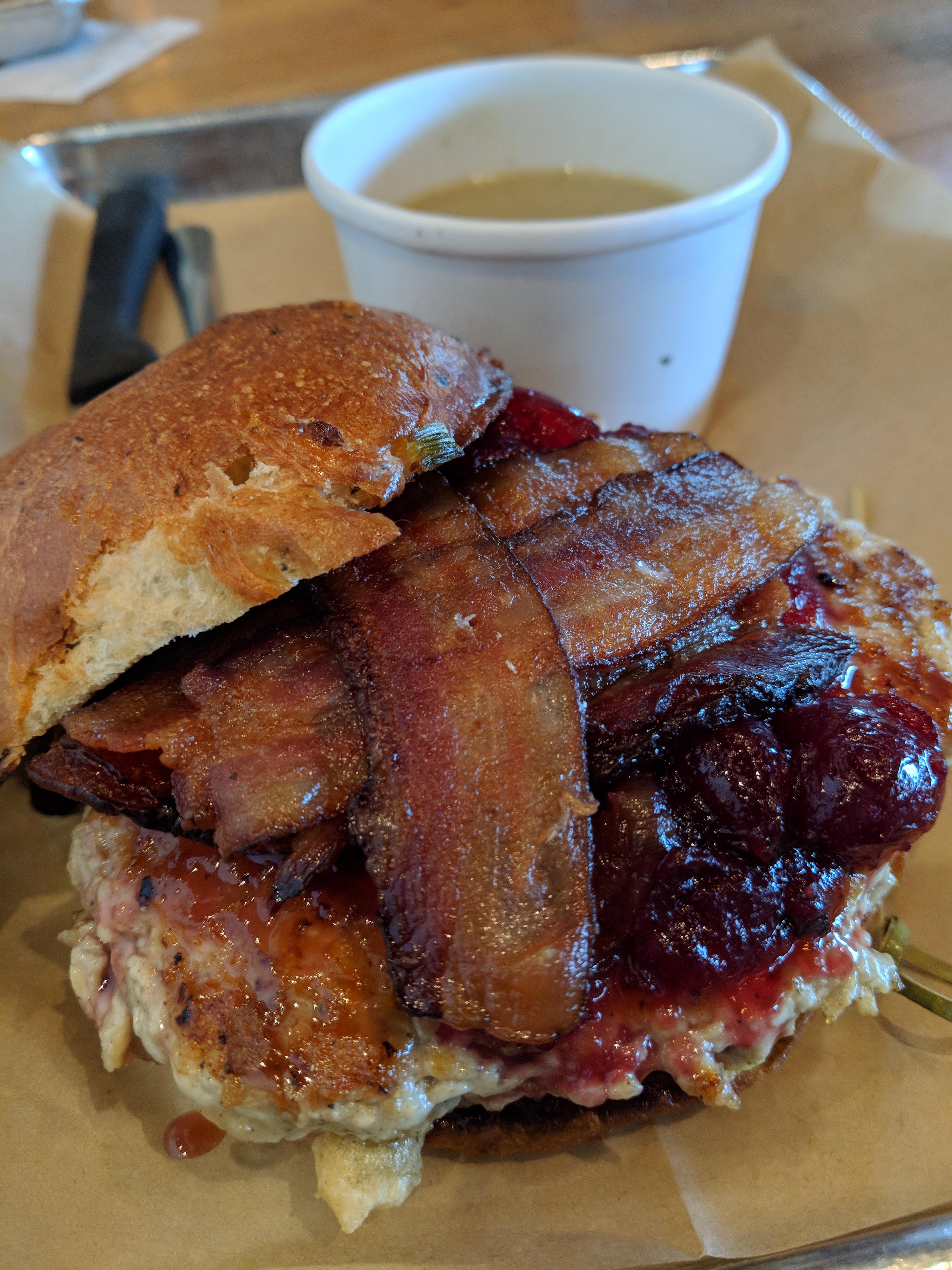 Turducken 'burger' with cranberry sauce, bacon and a side of gravy. [OC