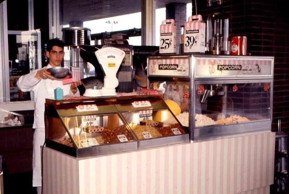 Sears popcorn, nuts and candy counter. January 1964, likely Oakbrook