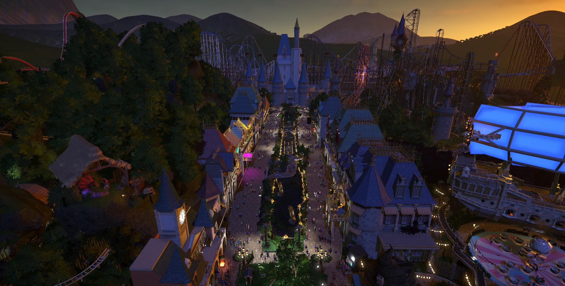 Wide main street with castle and 15 coasters