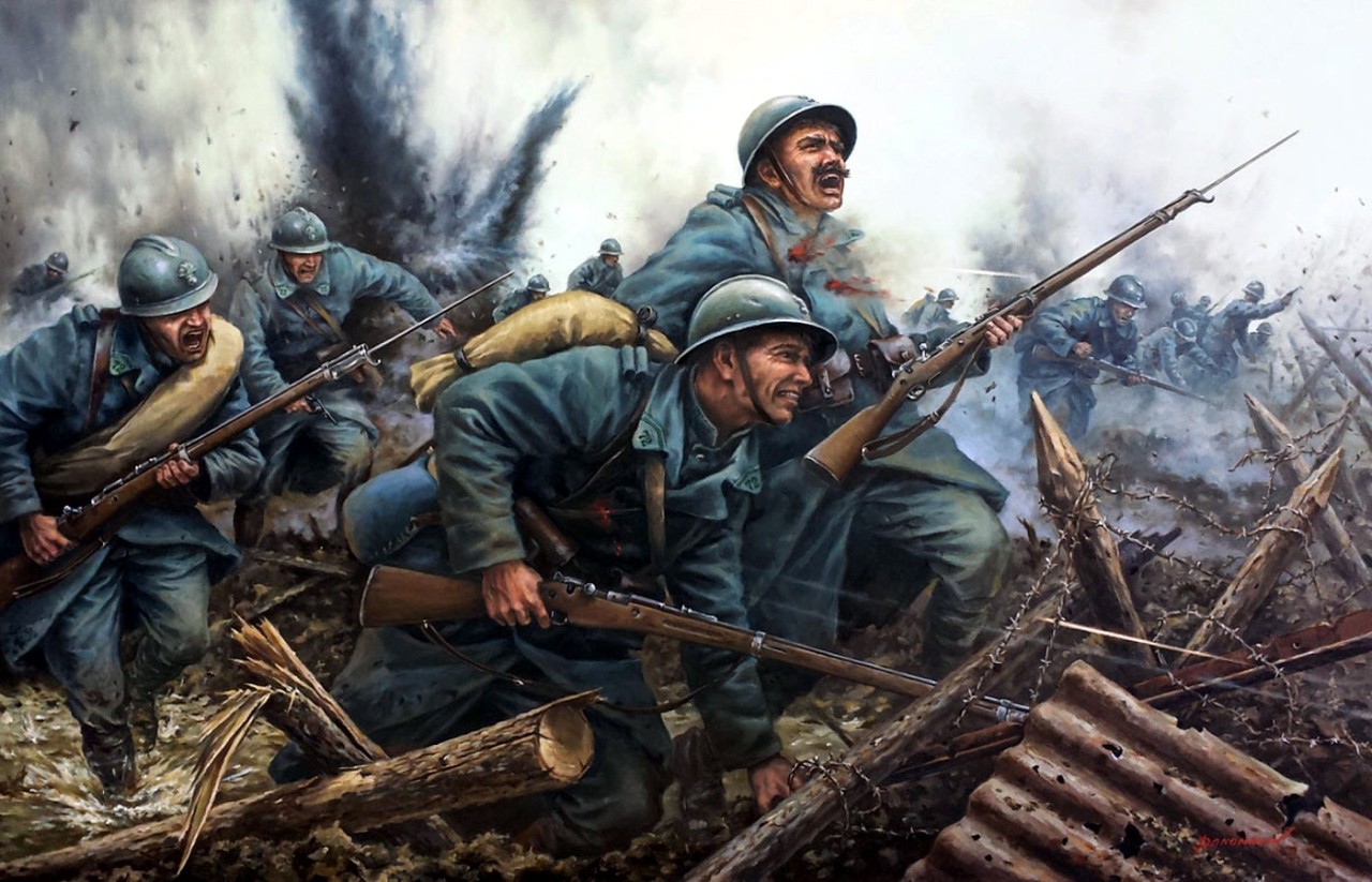 French soldiers of the 72nd infantry regiment charge German trenches