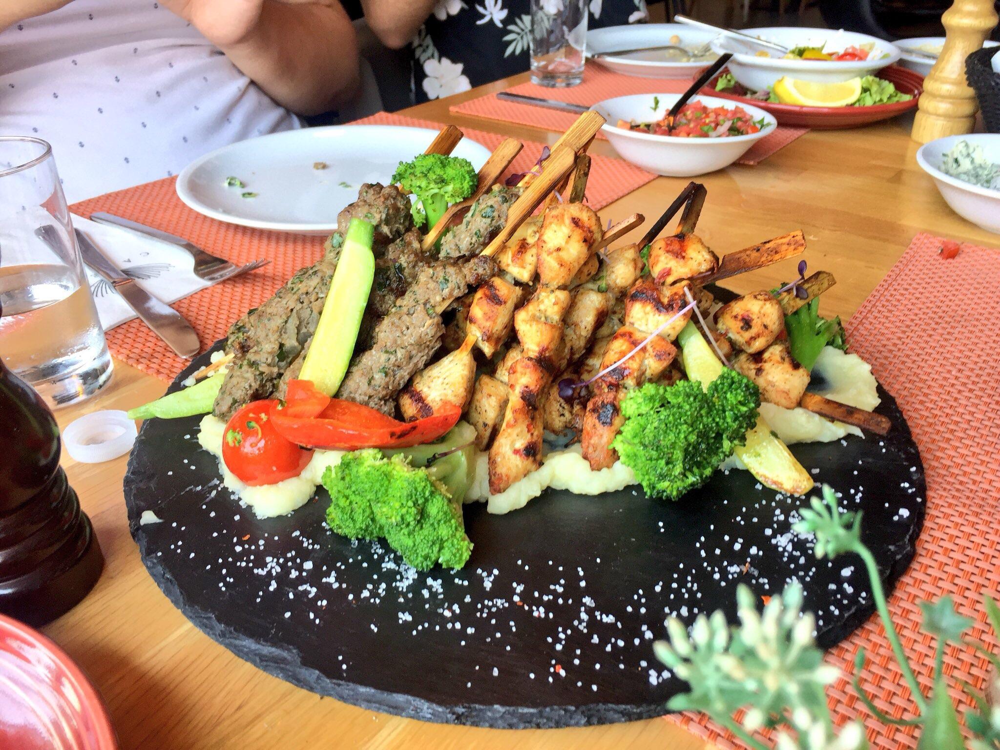 Lamb and Chicken Kebabs on a Bed of Mashed Potatoes and Veggies [OC