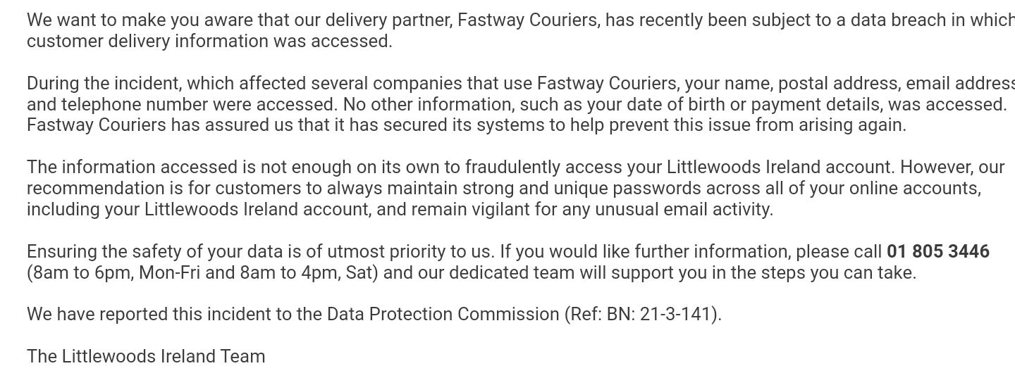Fastway data breach, just got this in via Littlewoods r/ireland