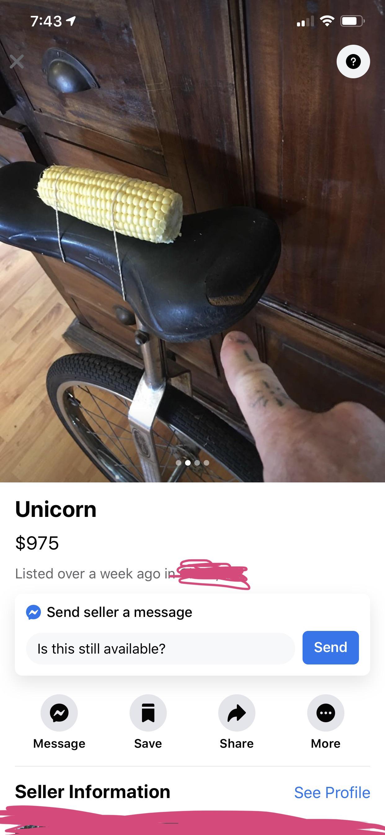 The description is “Unicycle 50.00 Corn 925 willing to sell