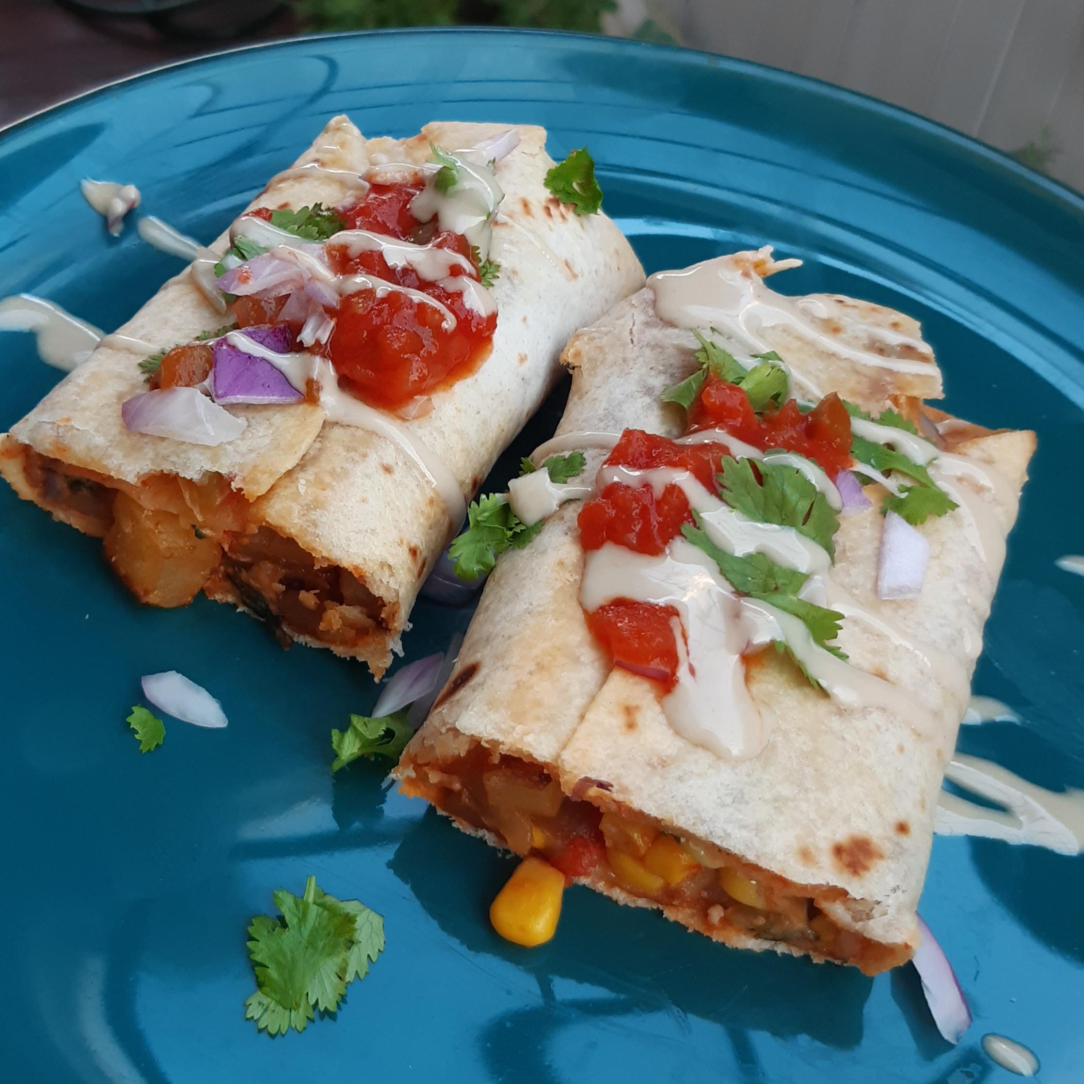 Taquitos with baked potatoes and homemade salsa r/veganrecipes