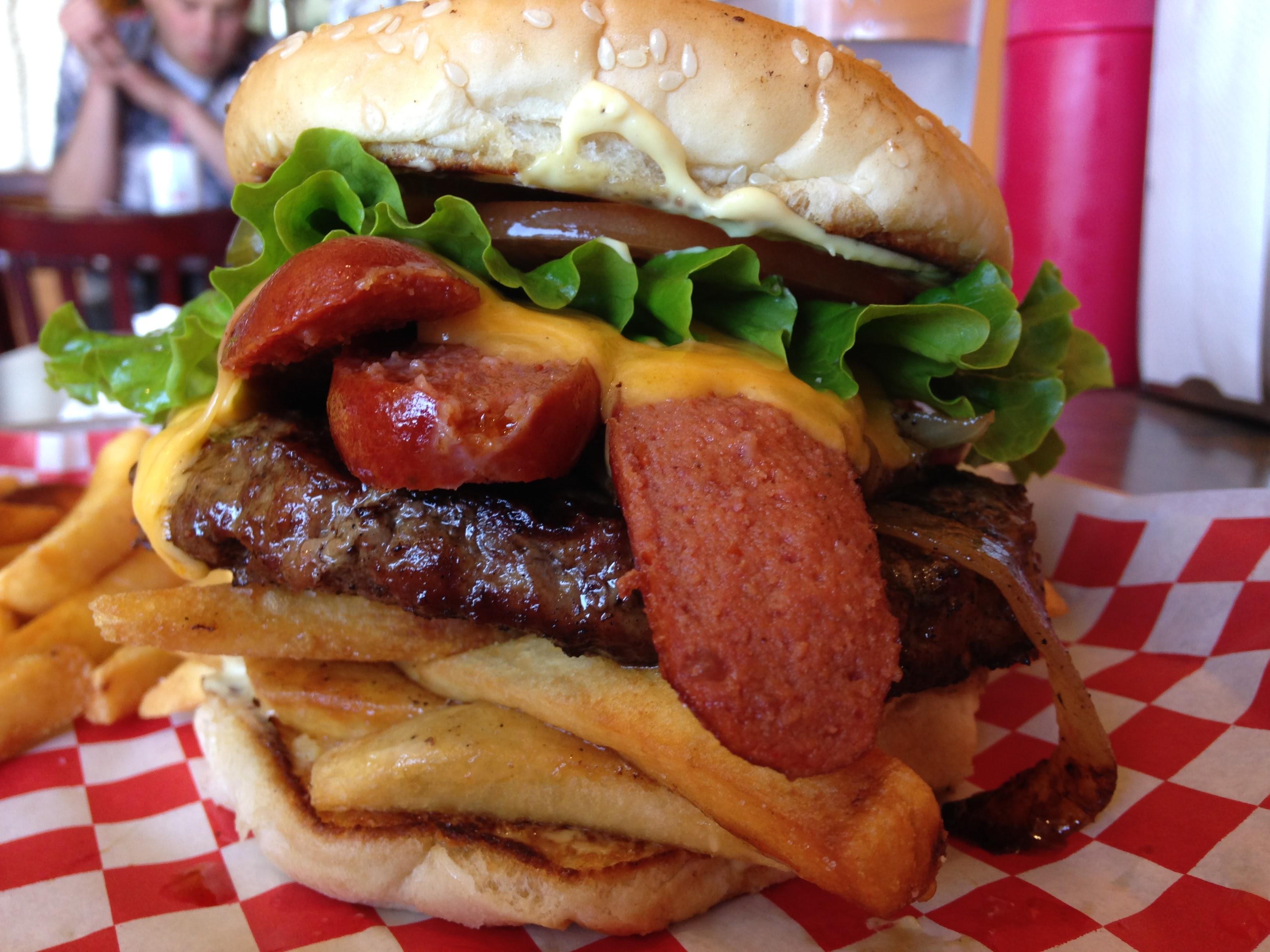 [I ATE] Cheeseburger with hot dog and fries r/food