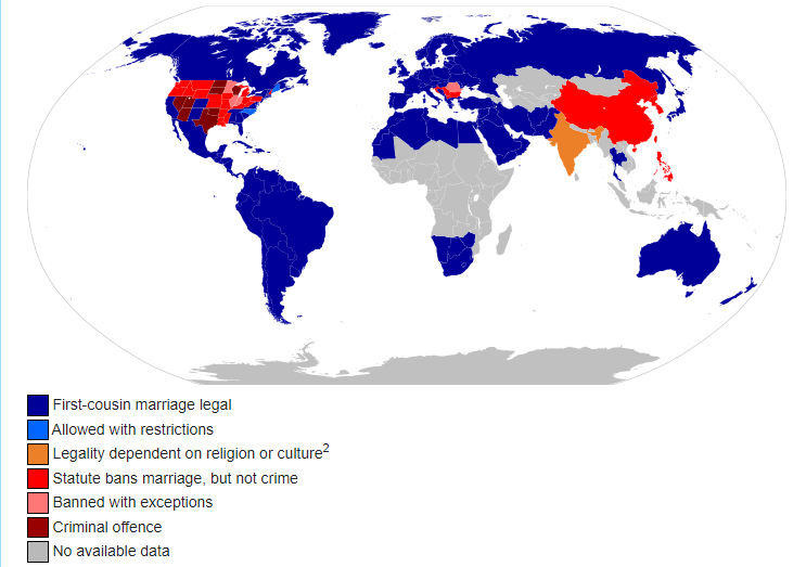 legality of marrying your first cousin around the world MapPorn