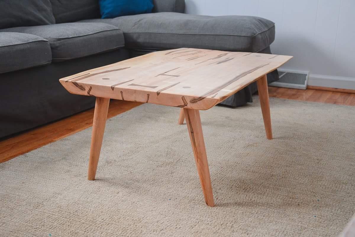 Maple slab coffee table with turned legs & through tenons woodworking