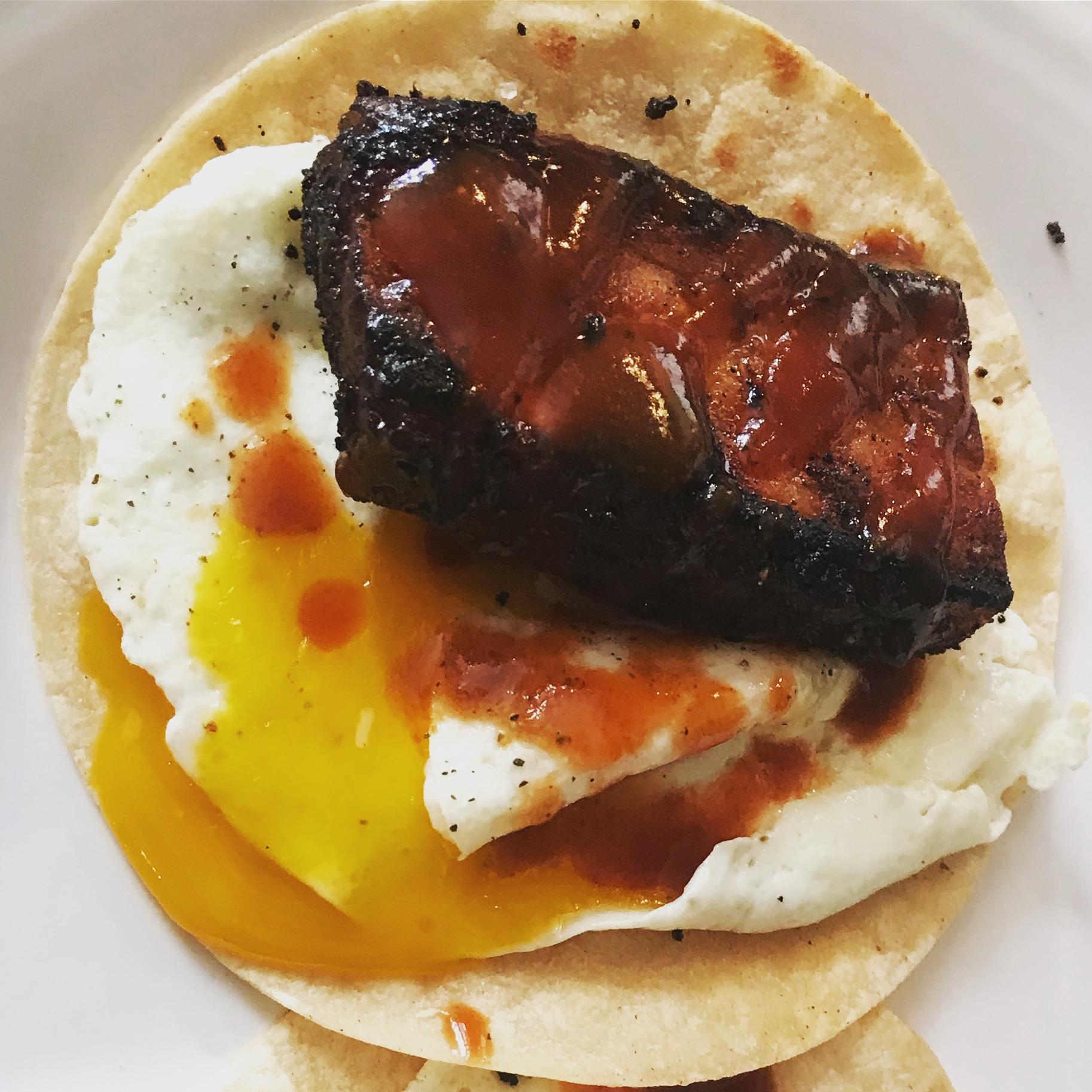 Homemade pork belly taco with a fried egg r/tacos