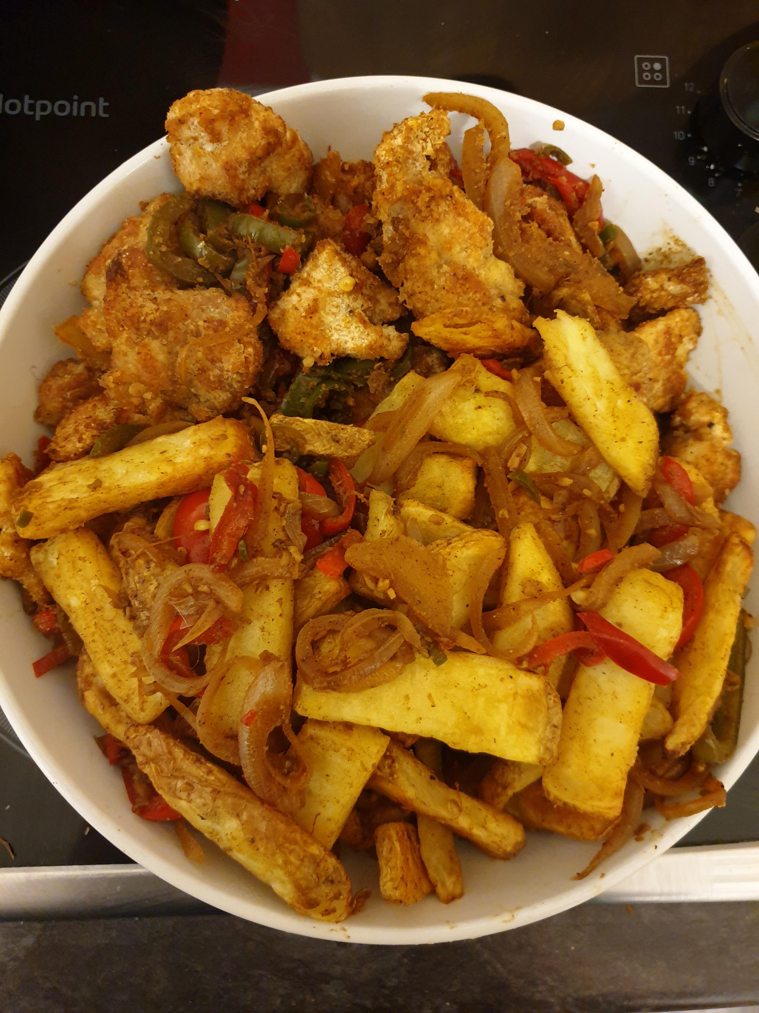 Tea tonight salt and pepper chicken and salt and pepper chips. r