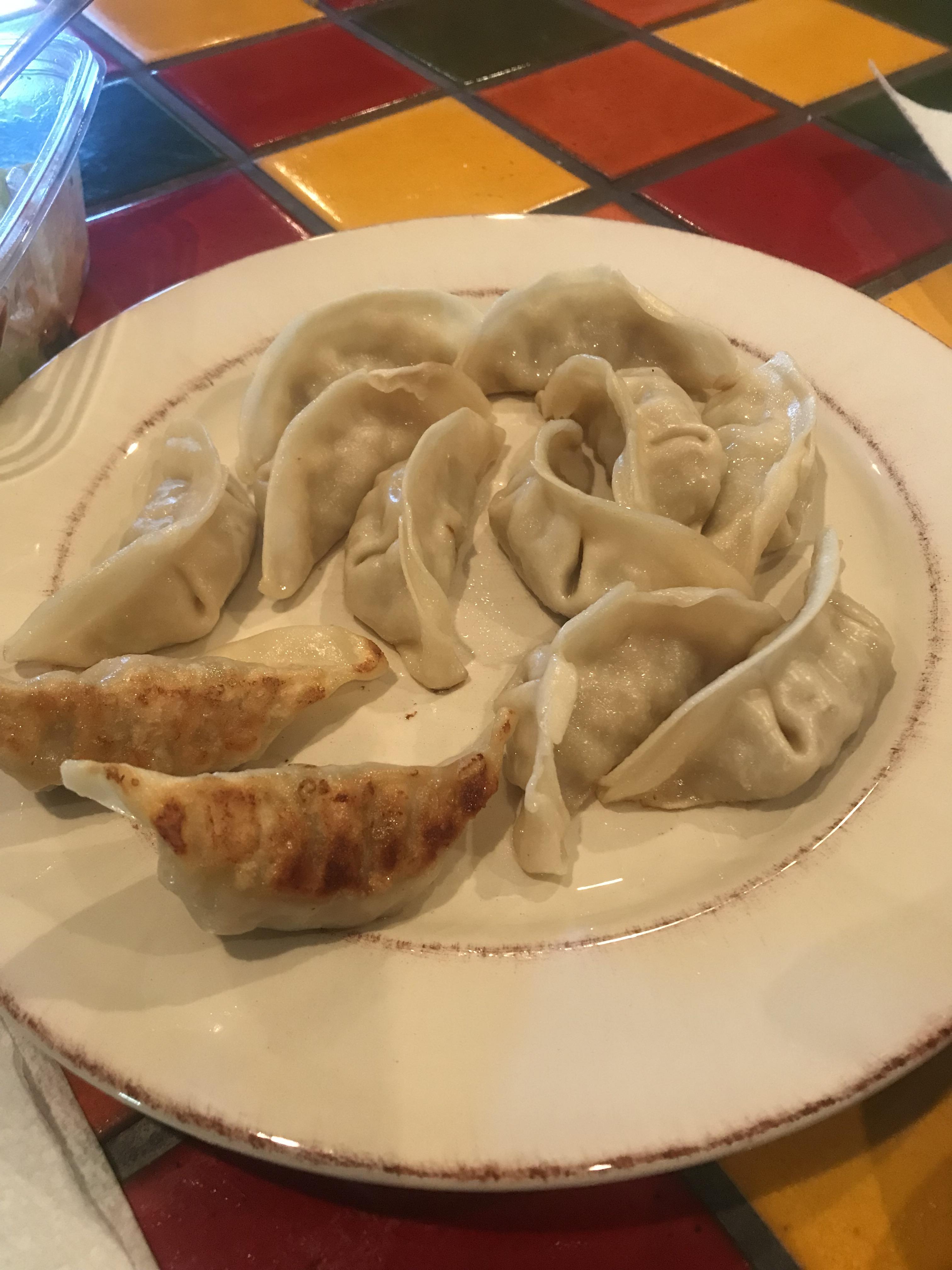 Crispy pan fried dumplings from trader joe’s. 200cal for 7 of them