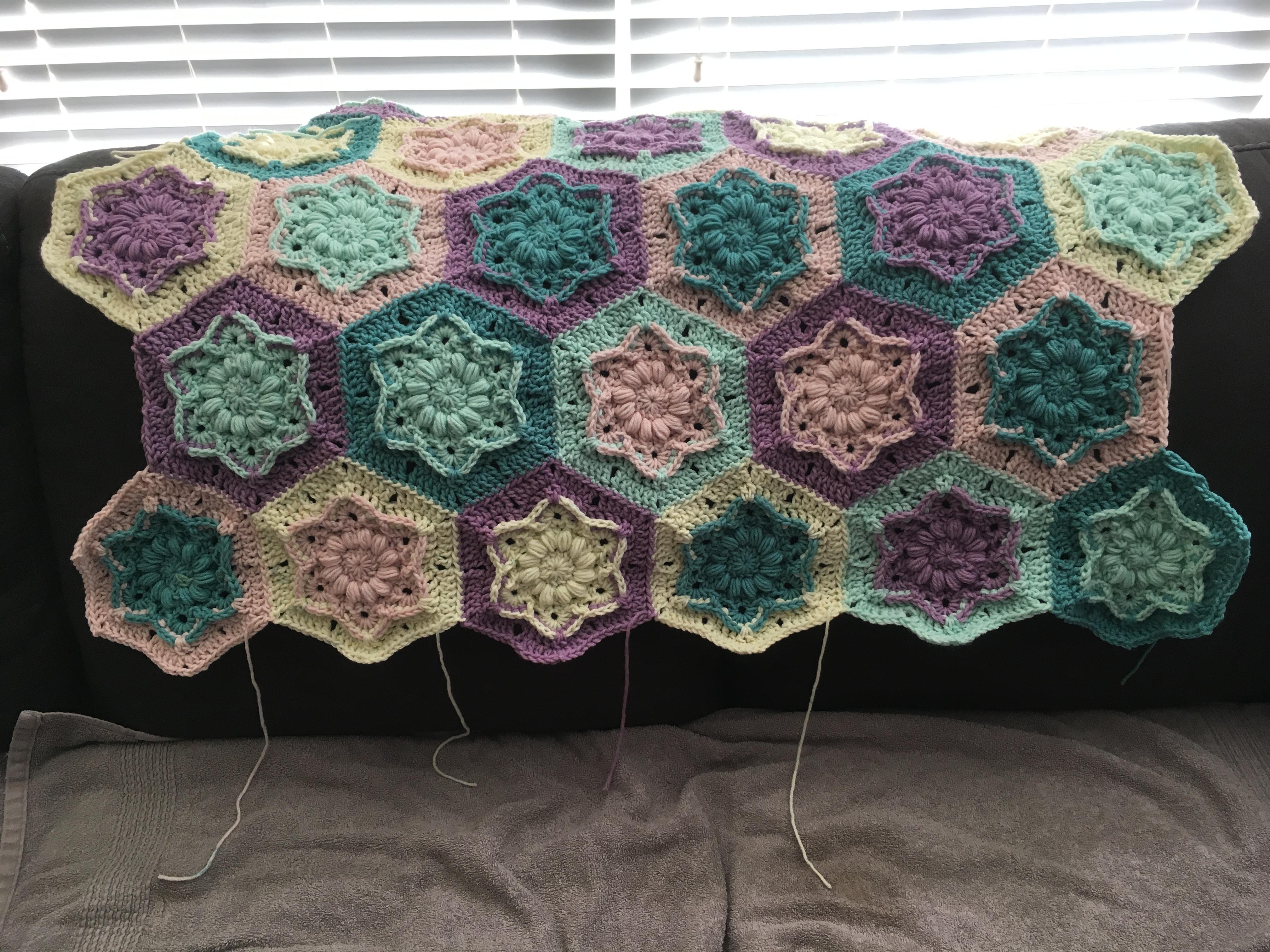 [WIP Wednesday] Making a windflower hexagon blanket for a coworker's future baby! Just need four