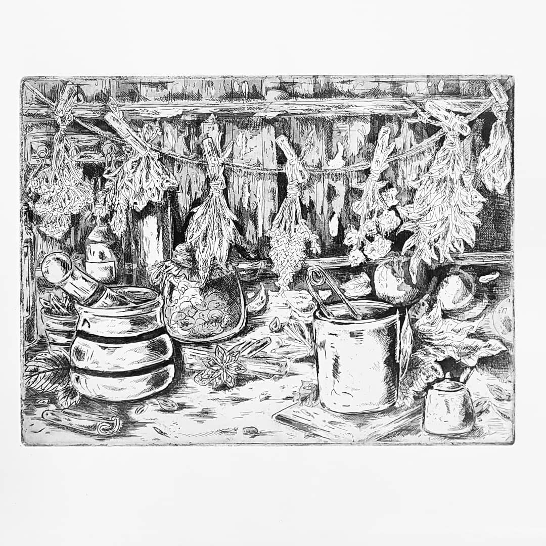 some herbs; my first copper plate print! did it in Japan, Tsukuba r