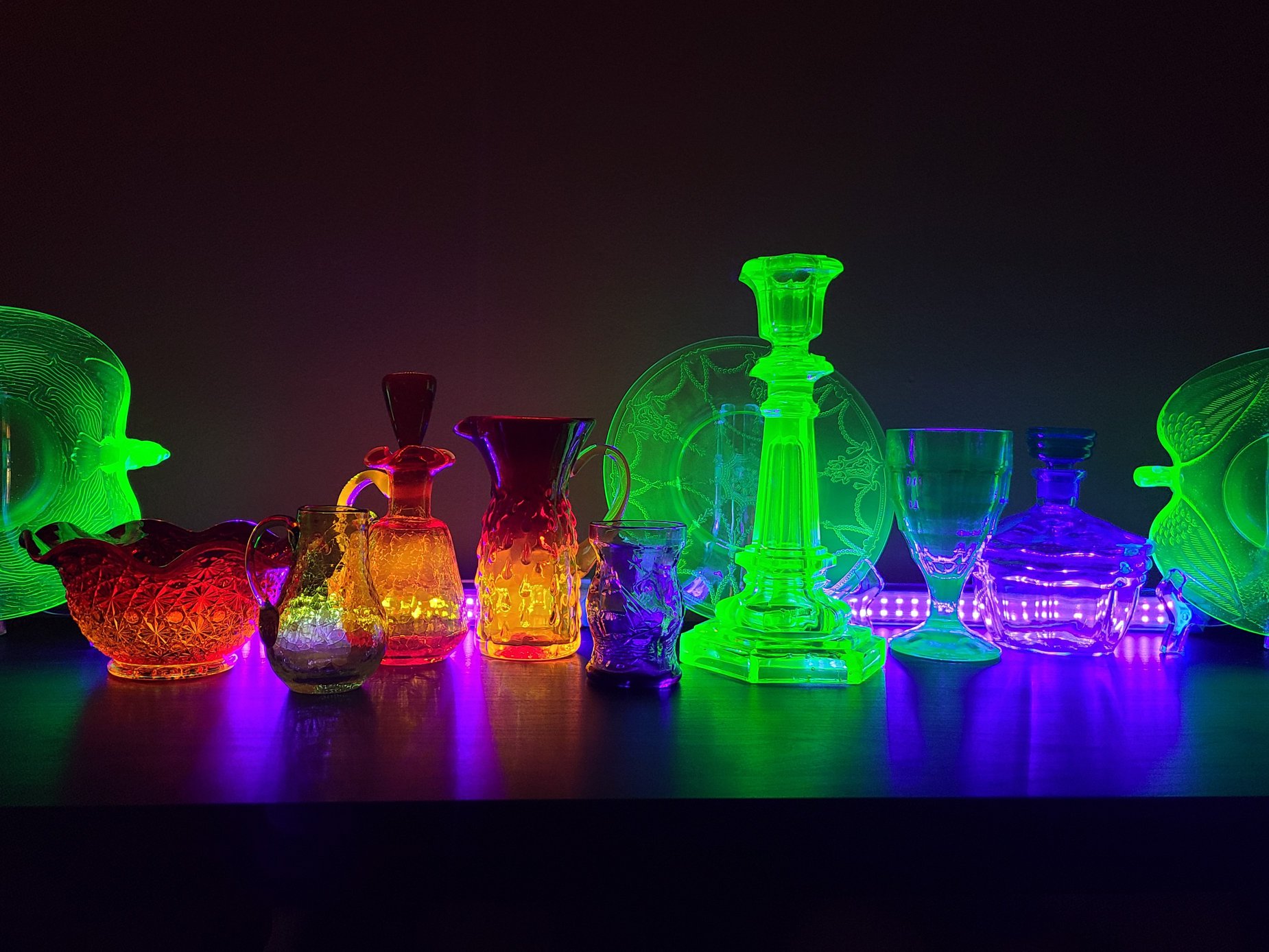 My collection of vintage UVreactive glass. Includes uranium, cadmium