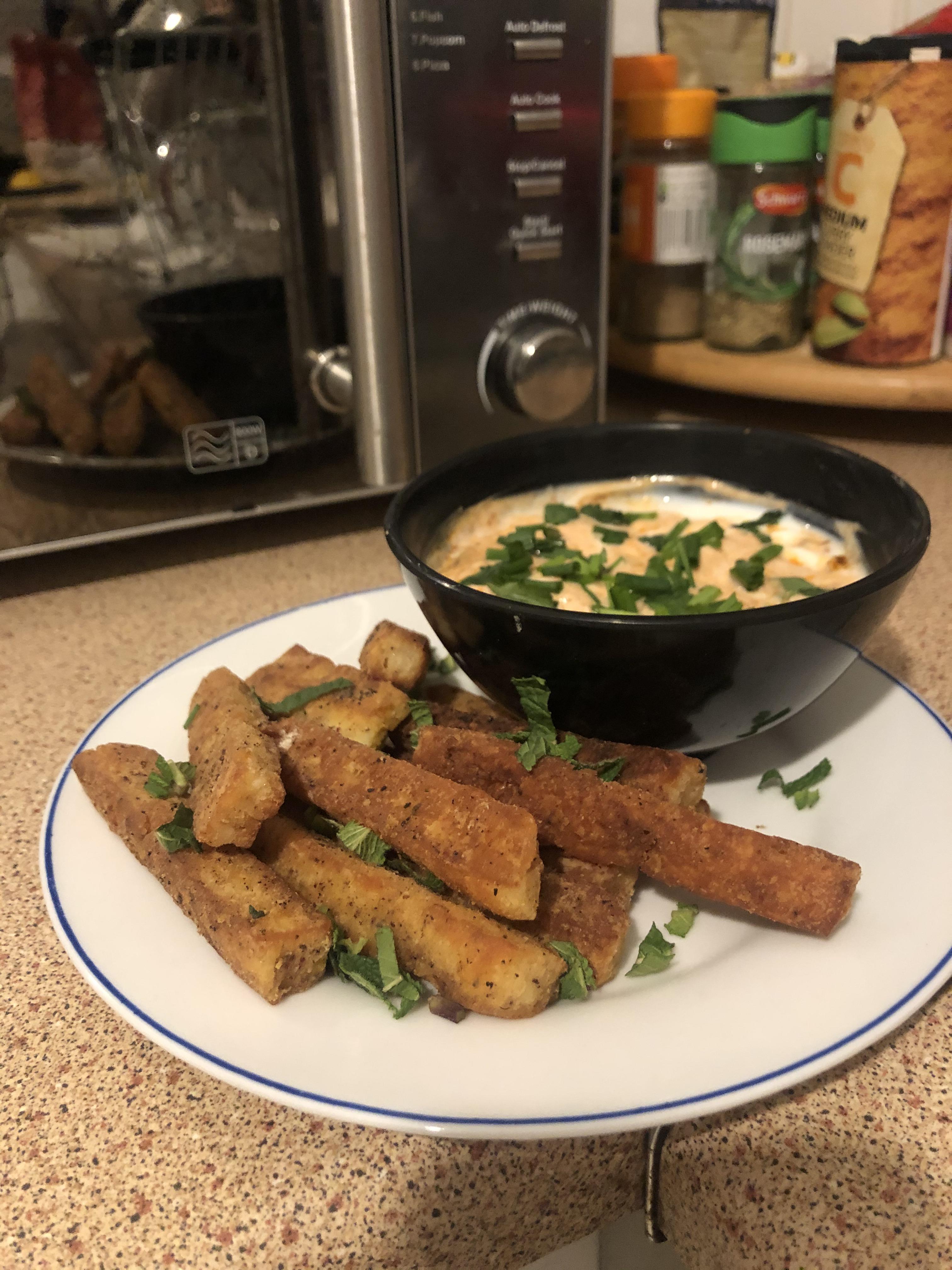 I made some bitchin’ halloumi fries with a yoghurt/harissa dip. I ate