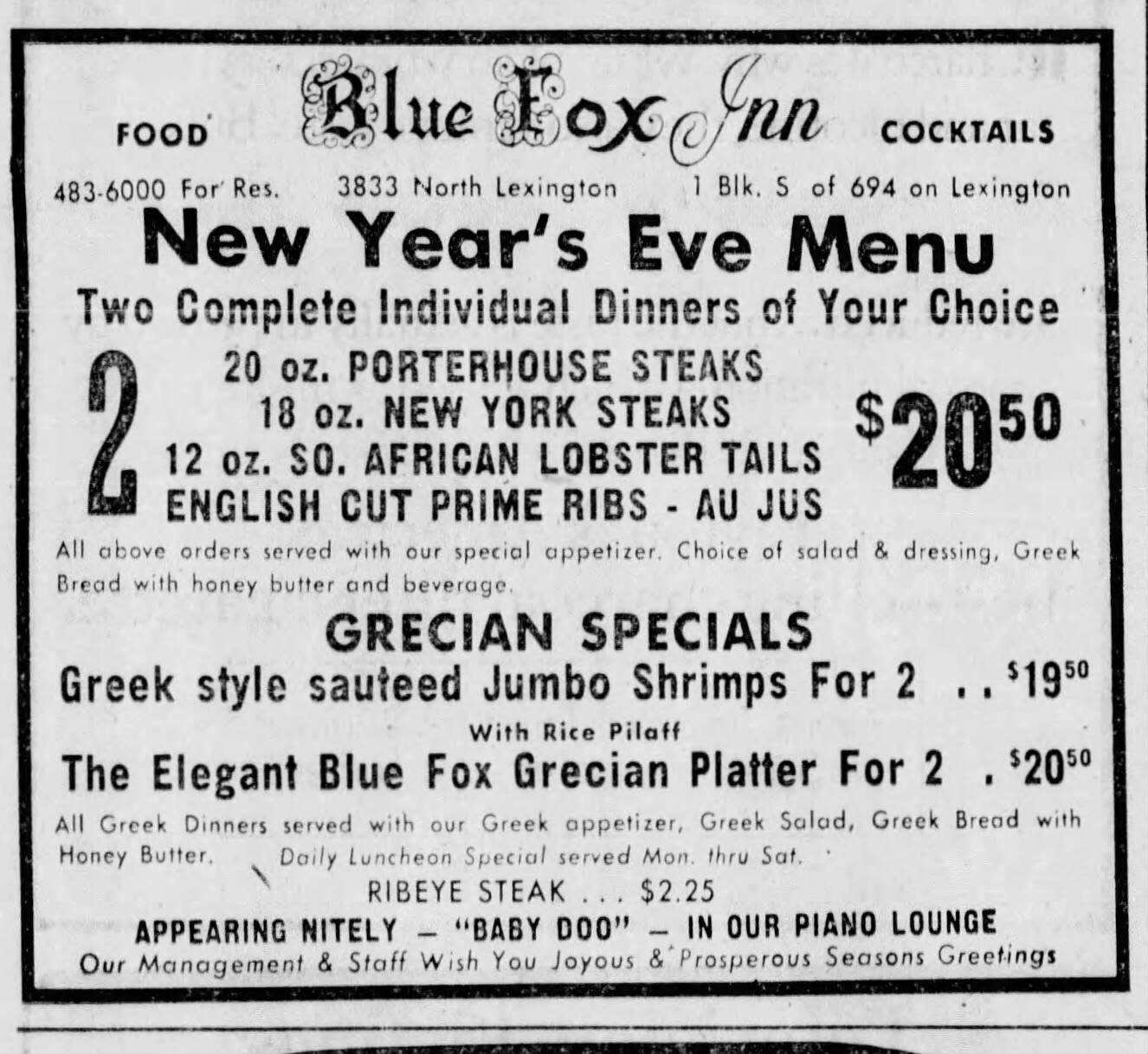 Blue Fox Inn (Minneapolis, MN) New Year’s Eve Menu (December 25, 1975