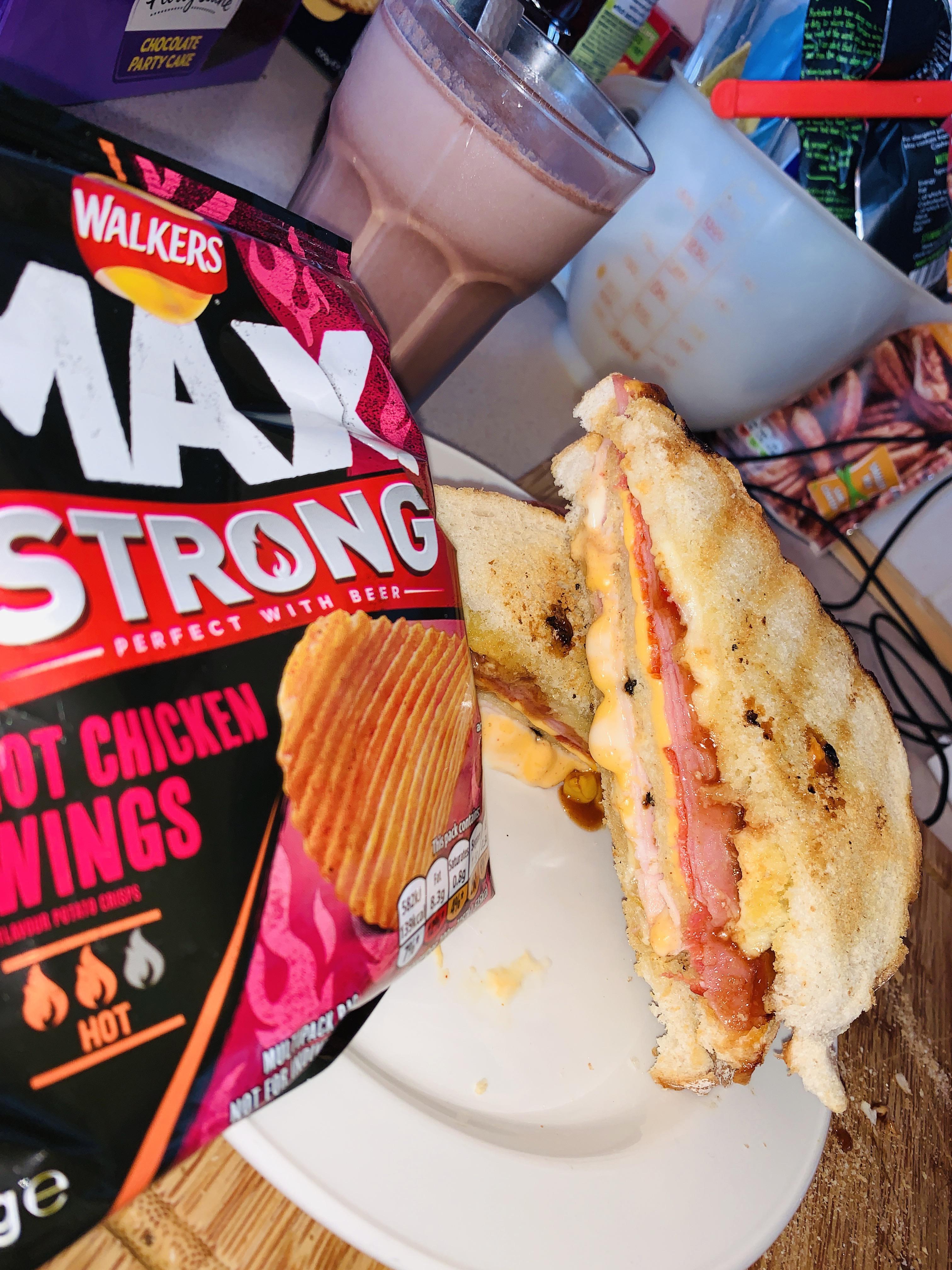 A triple deck salami, chicken, ham, two types of cheese, honey