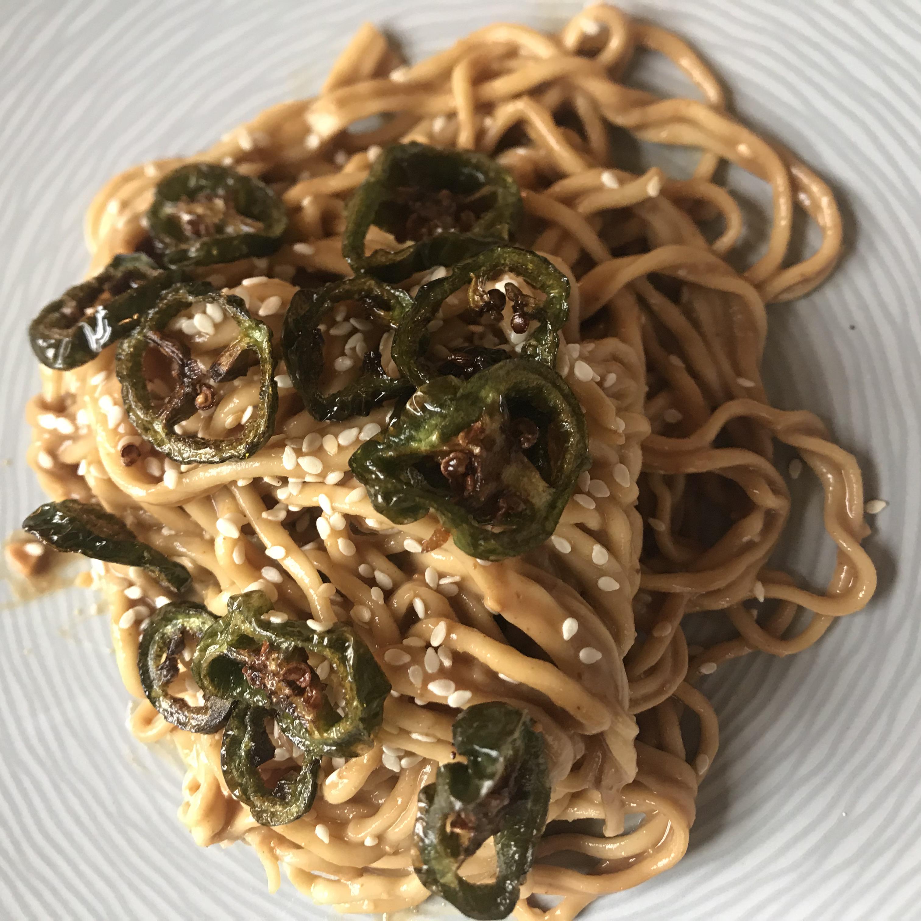 I made spicy sesame noodles. The. Topped them with crispy jalapeños