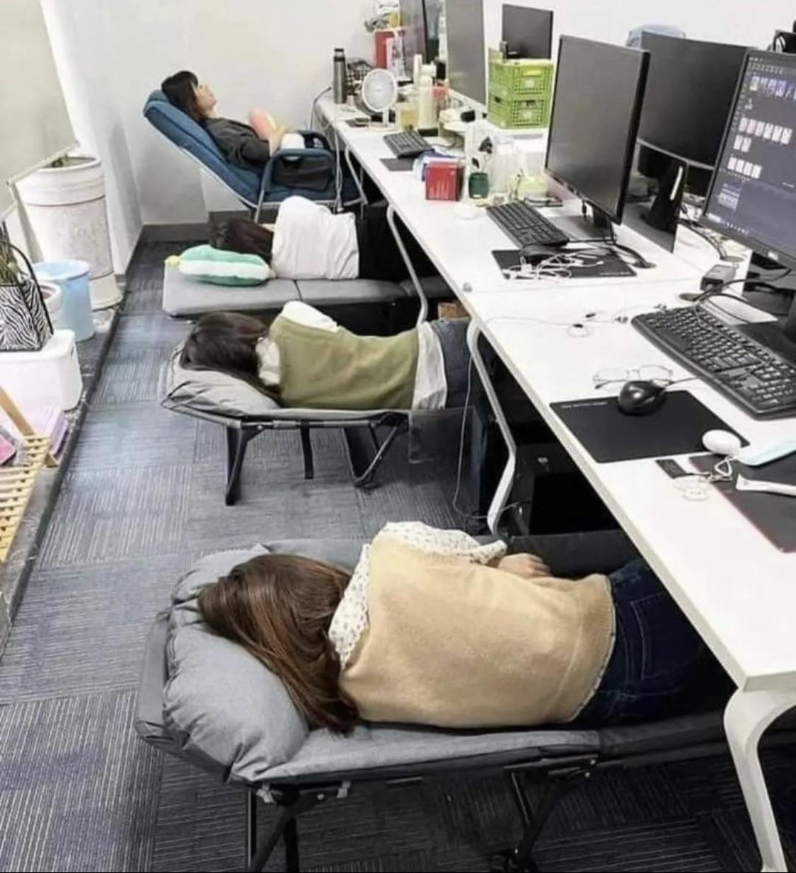 employees made to sleep at work while they work 100+ hours each week