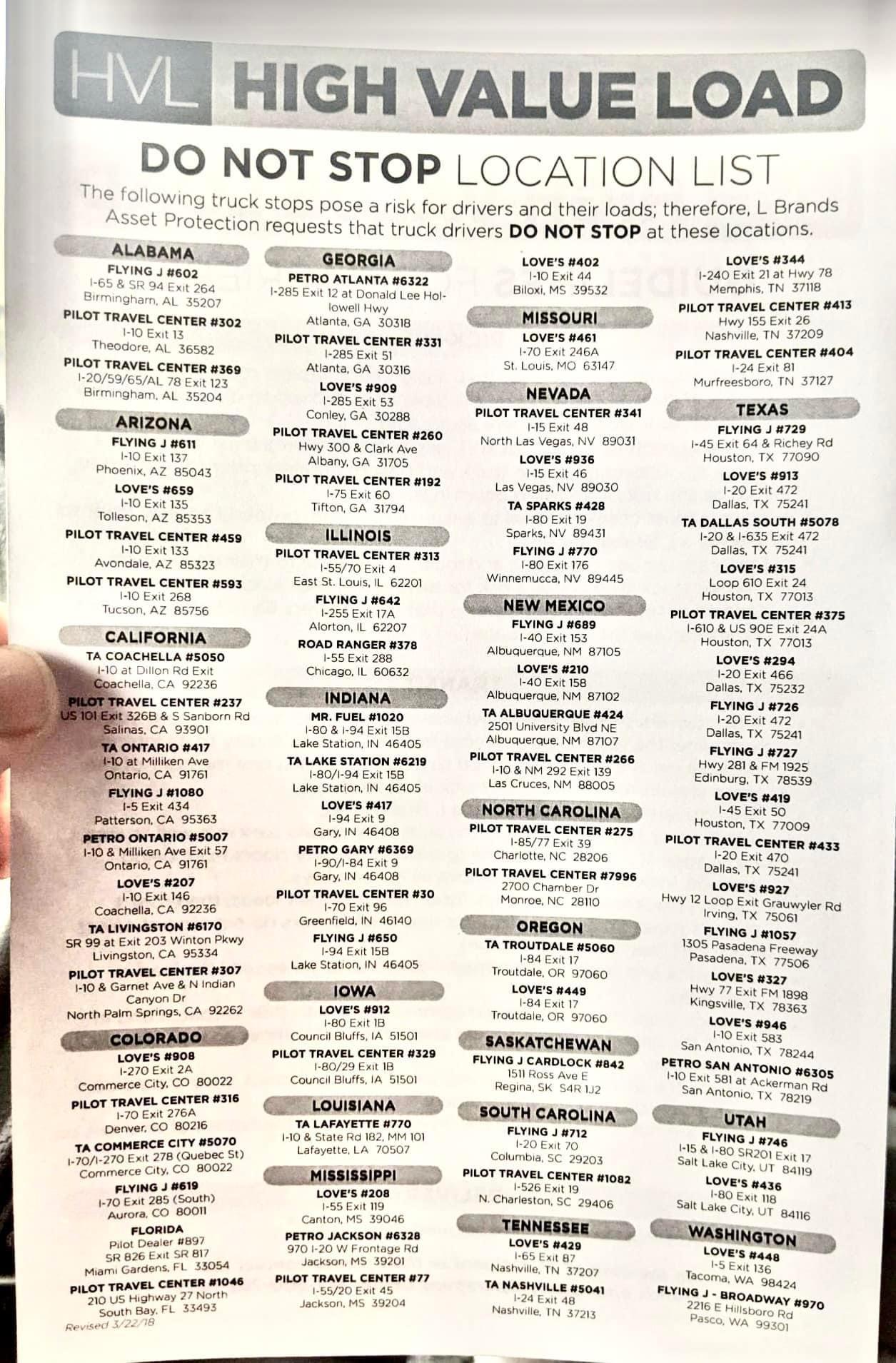 Do Not Stop list for USA. Highlighting where trucks and truckers are at