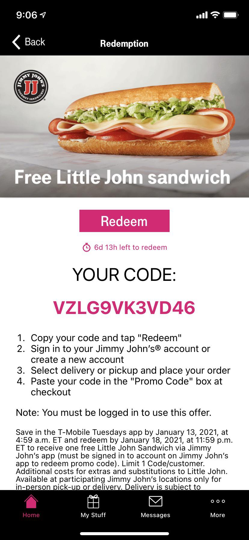 Free Little John sandwich r/SingleUseCodes