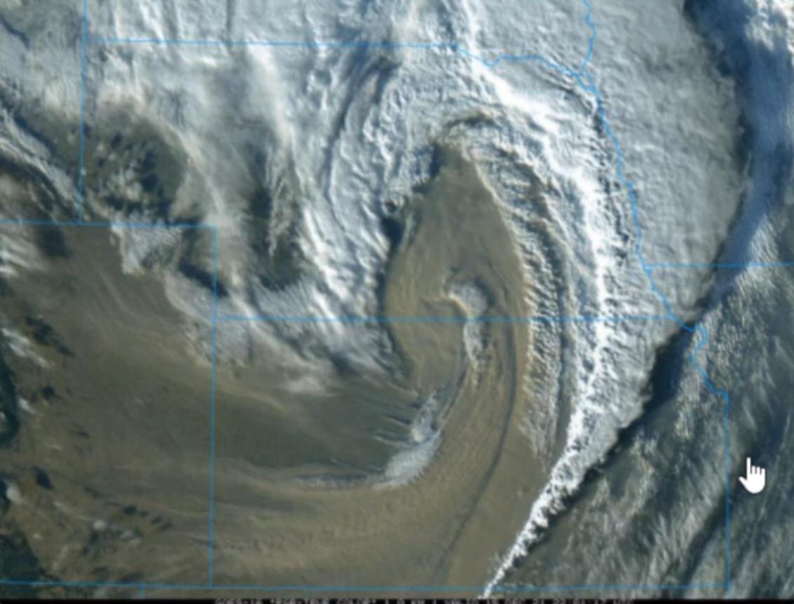 The Current Insane Midlatitude Cyclone picking up dust, transporting it