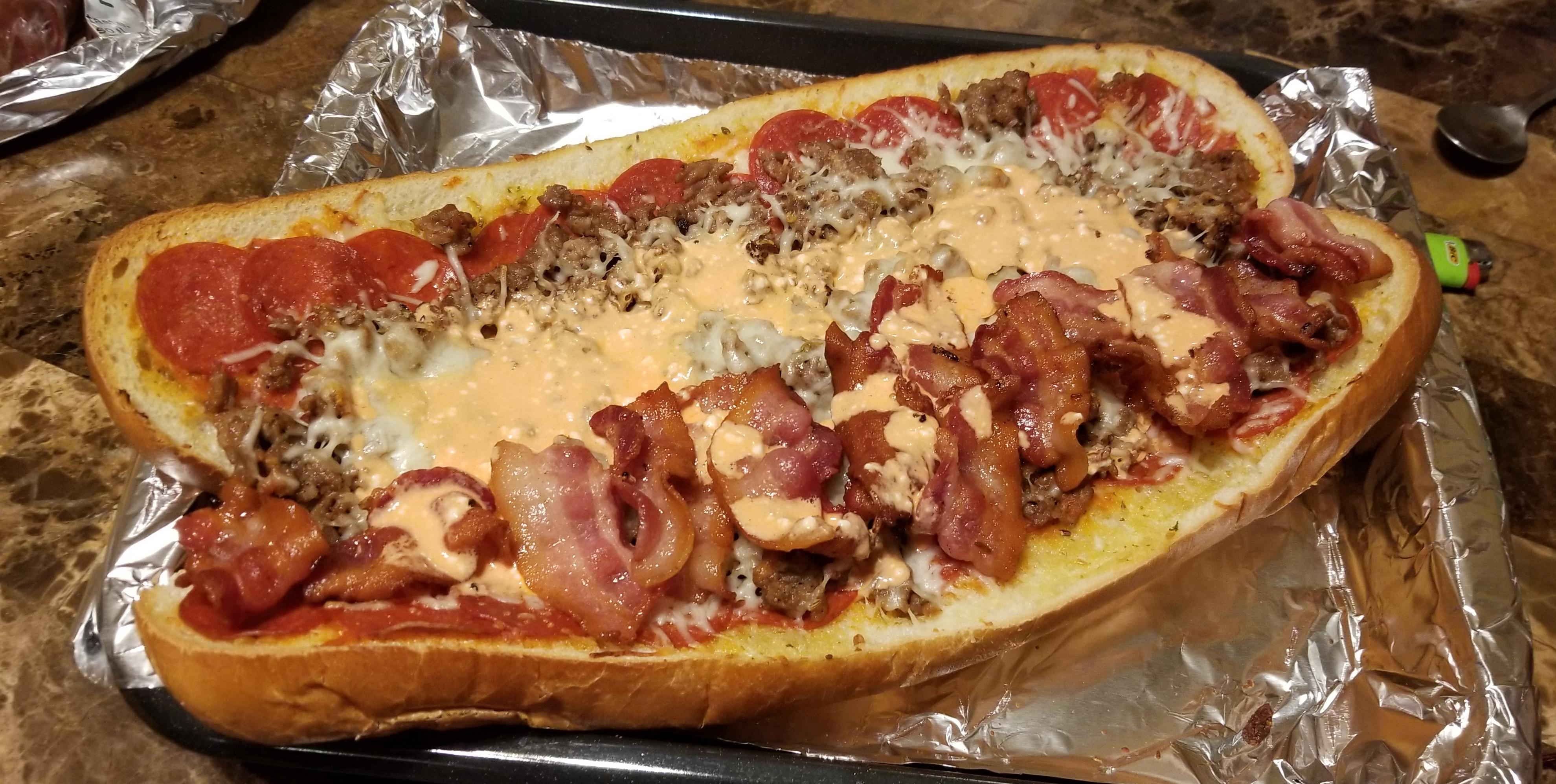 [Homemade] Pizza Sub Italian sausage, Pepperoni, and Bacon r/food