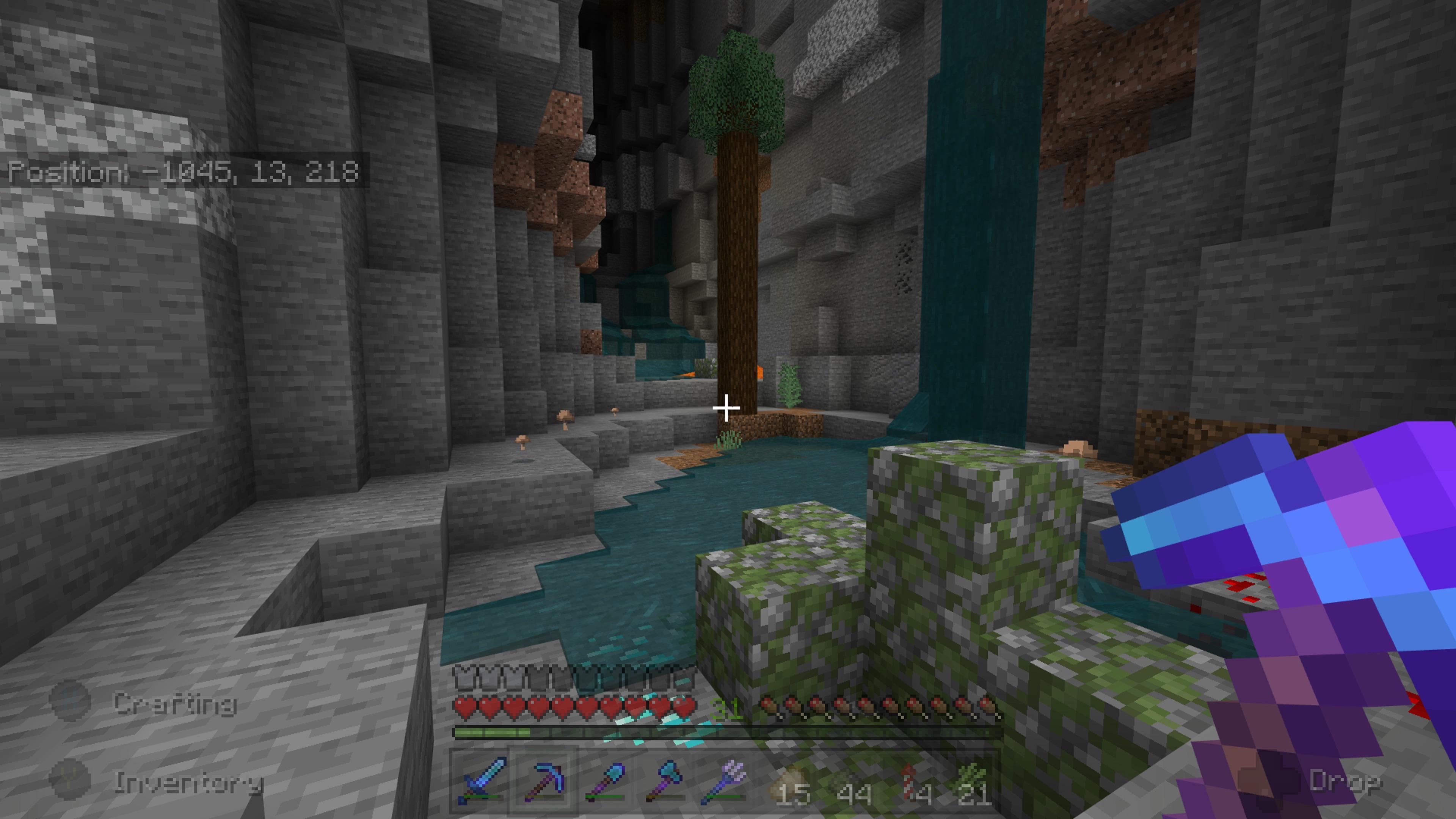 [BEDROCK] Ravine with diamonds and a tree at the bottom. You also spawn