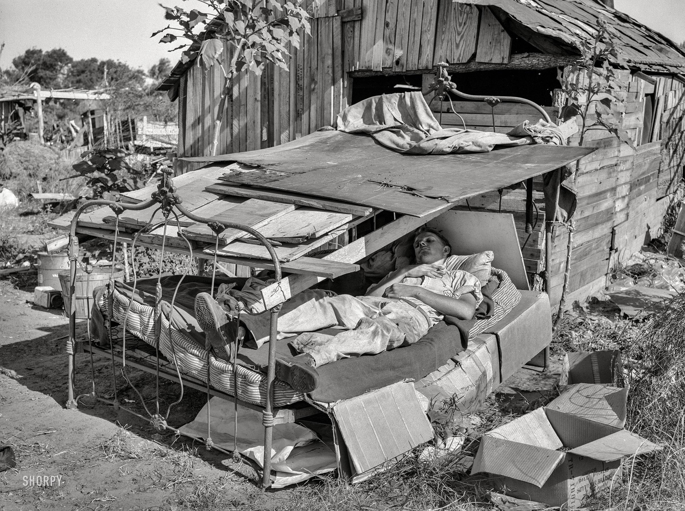"Bed with roof over it in May Avenue camp", Oklahoma City. July, 1939