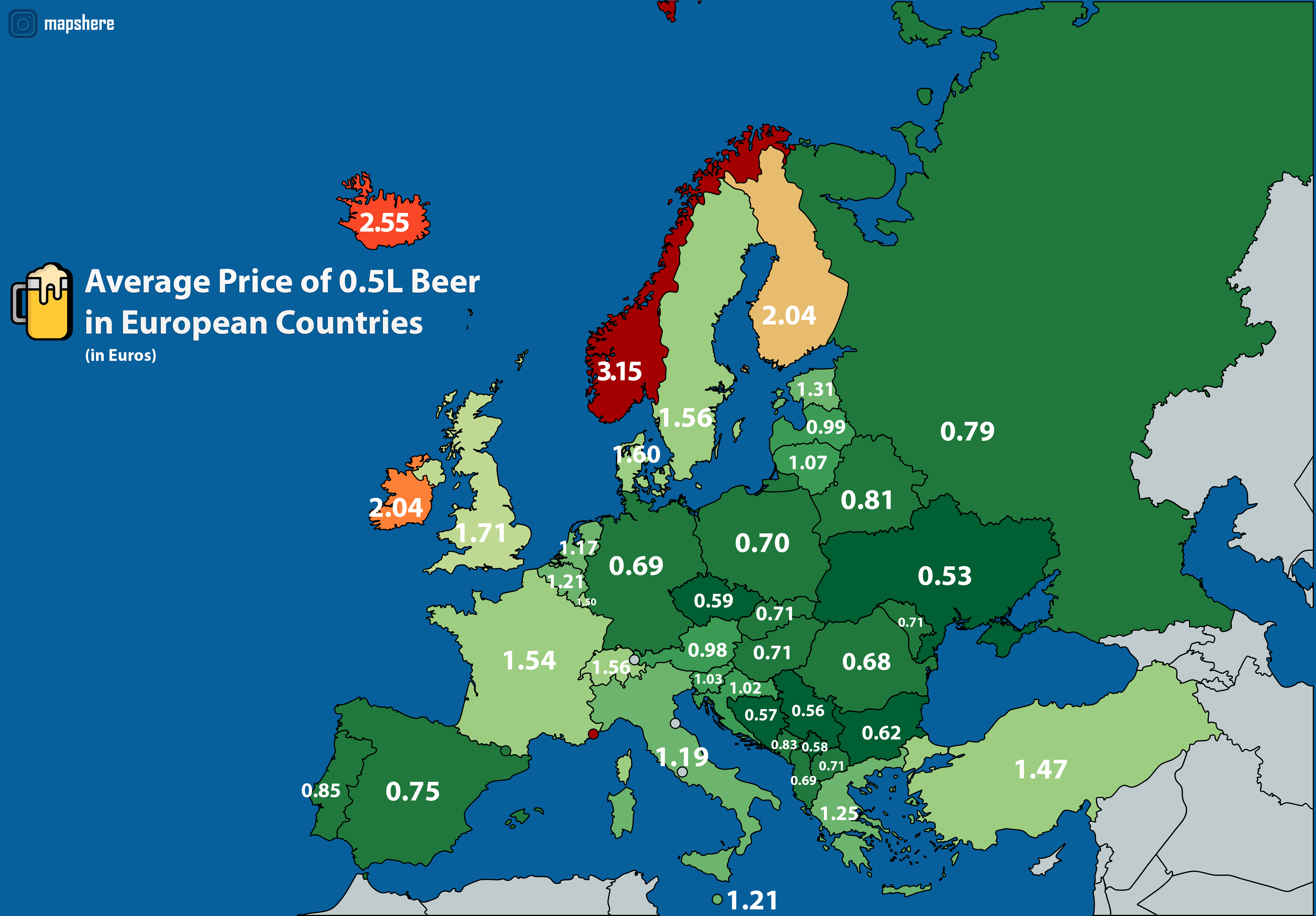 Average Price of 0.5L Beer in European Countries r/MapPorn