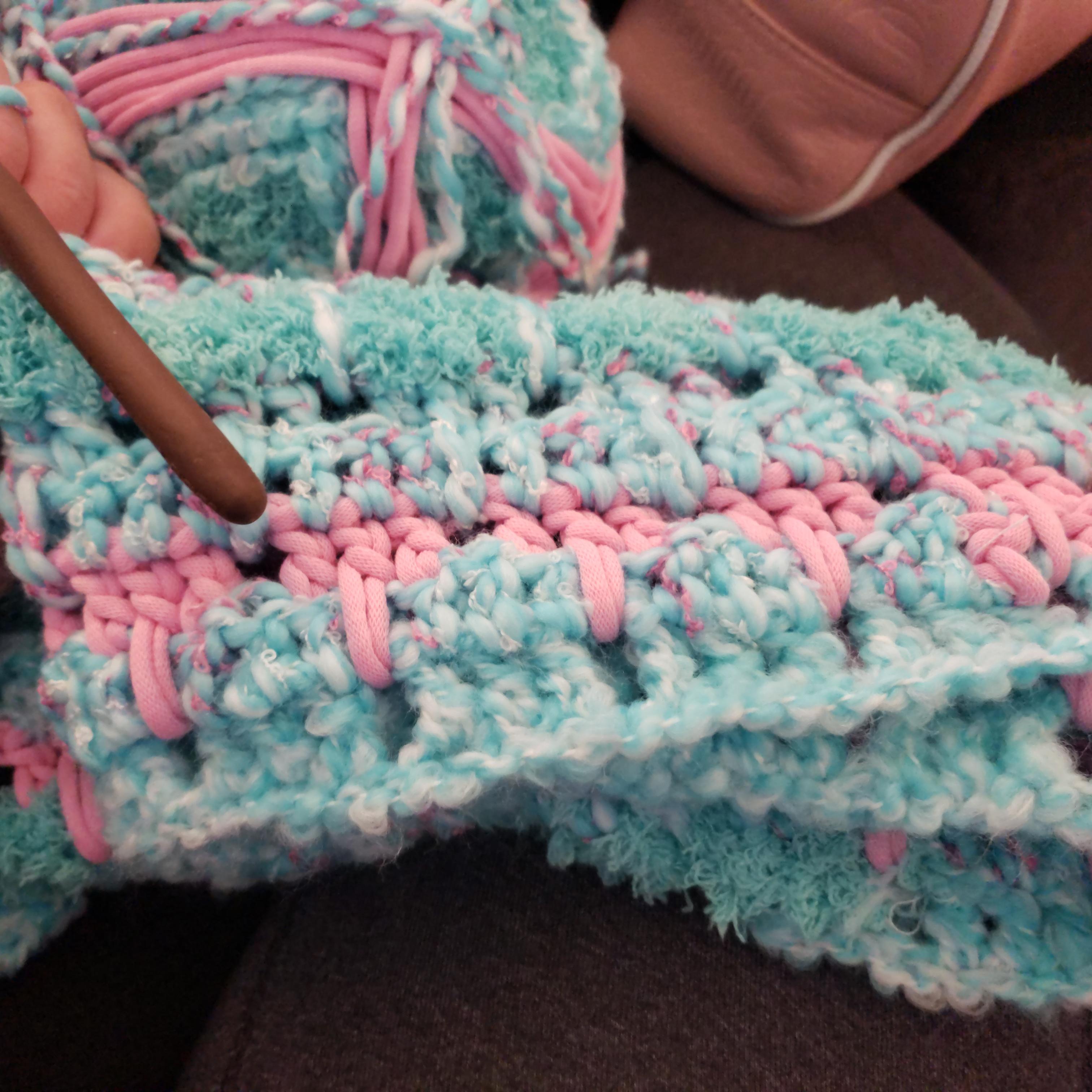 Working with this new yarn called Bernat mix baby and loving how it's