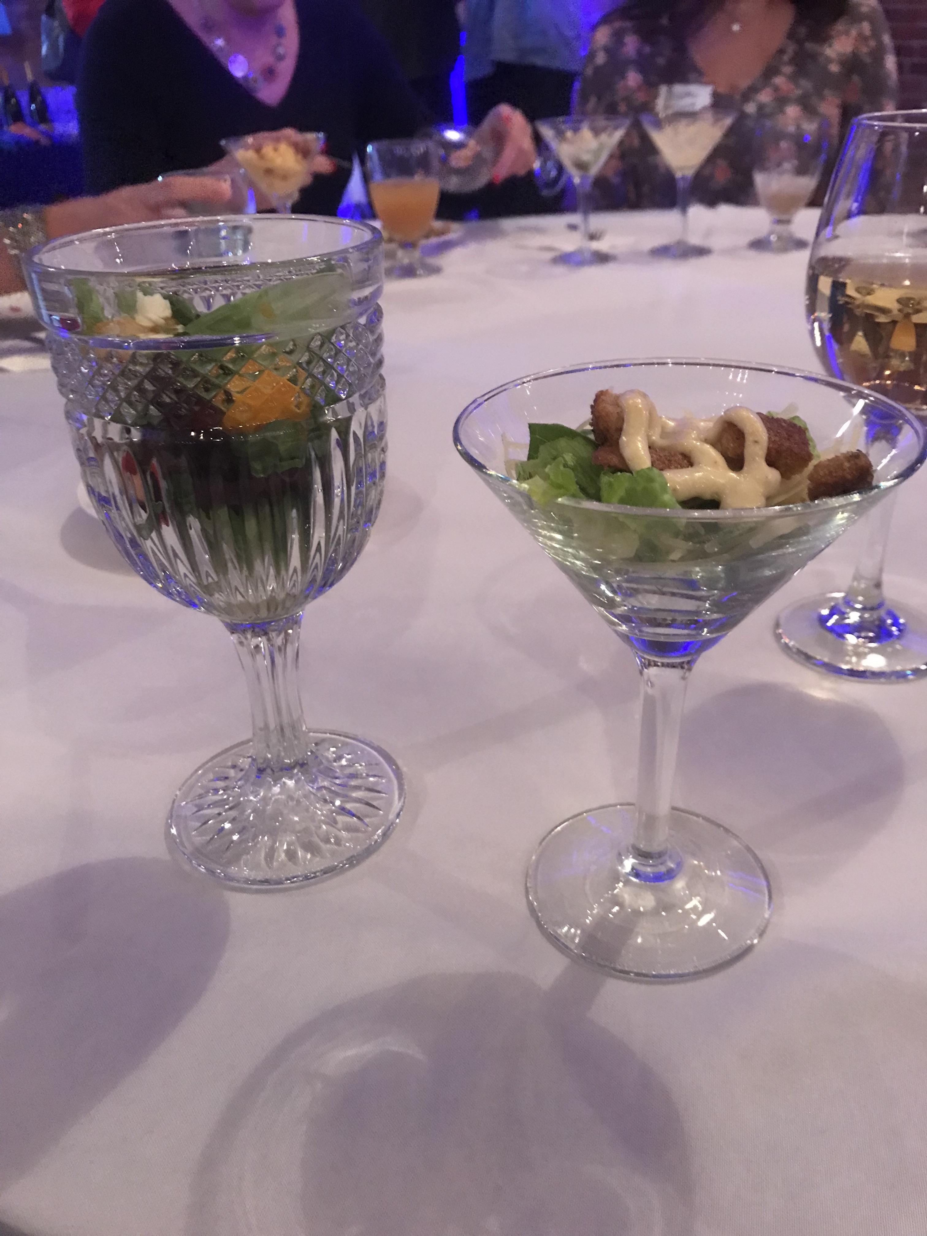 Salads served in wine and martini glasses at a wedding r/WeWantPlates