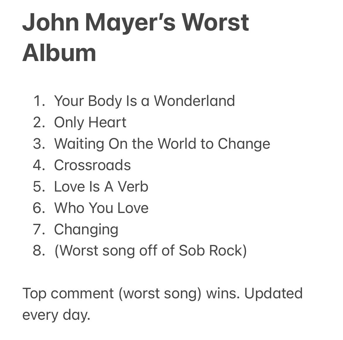 John Mayer’s Worst Album (Day 8 / Sob Rock) r/JohnMayer