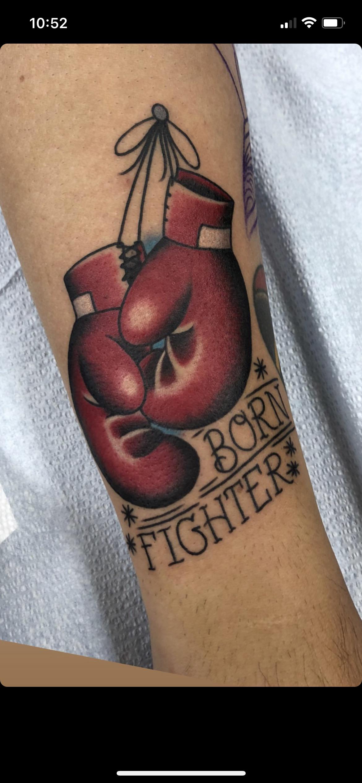 Boxing Gloves done by Mike McCaskill Elizabeth St. Tattoo, Riverside