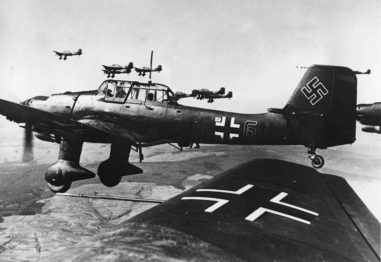 Formation of Junkers Ju 87 "Stuka" dive bombers in flight, 29 May 1940