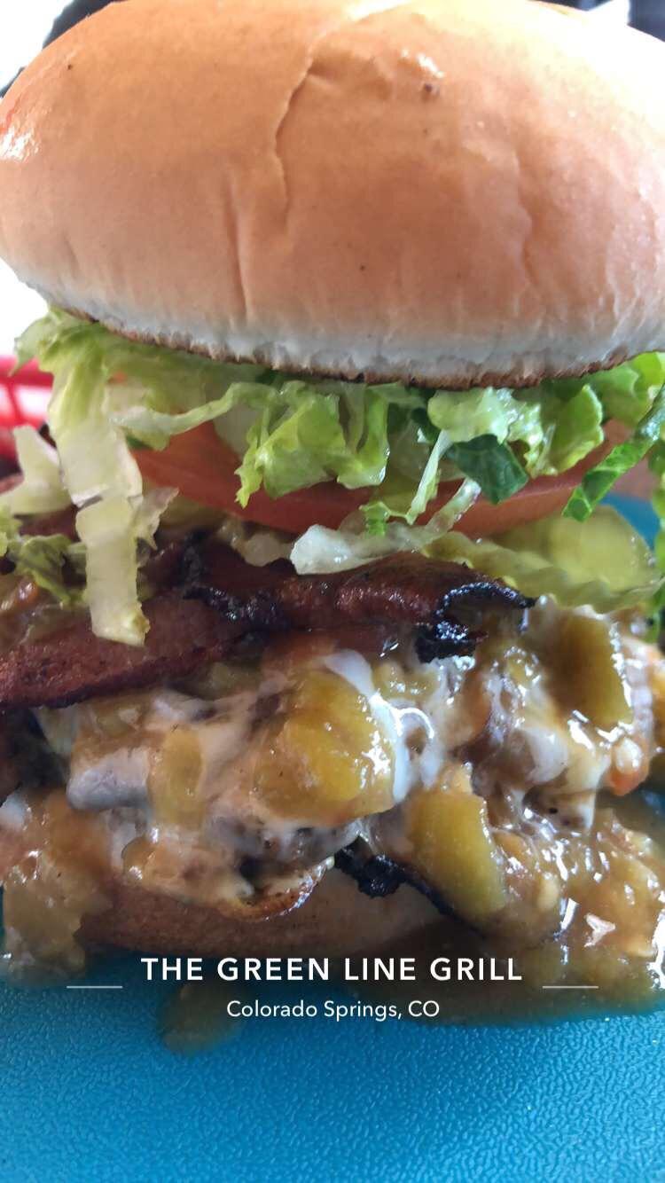Onion fried bacon cheeseburger with green chile sauce r/burgers