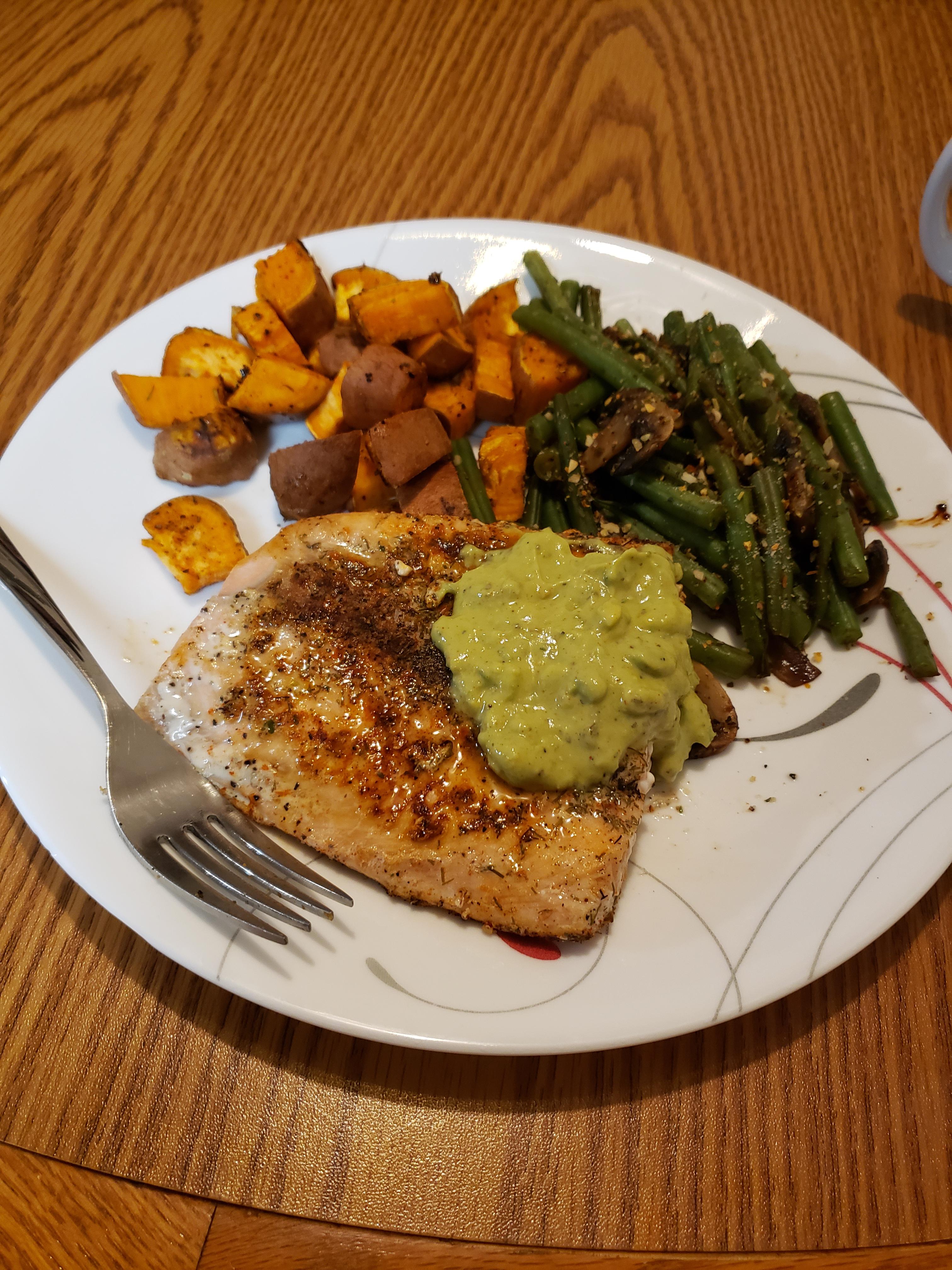 Pan seared salmon, green beans and mushrooms, sweet potato, and an