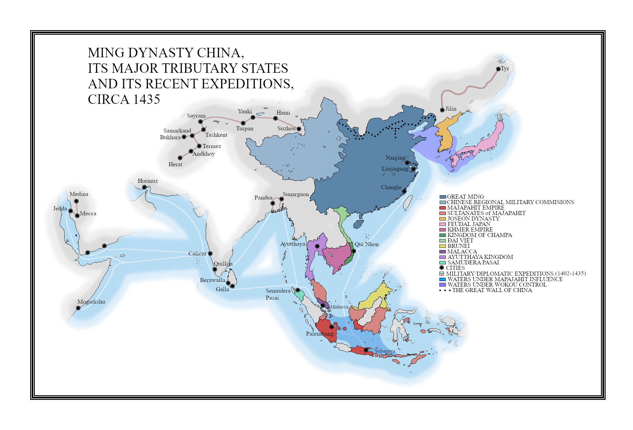 MING DYNASTY CHINA, ITS MAJOR TRIBUTARY STATES AND ITS RECENT EXPEDITIONS, CIRCA 1435 r/MapPorn
