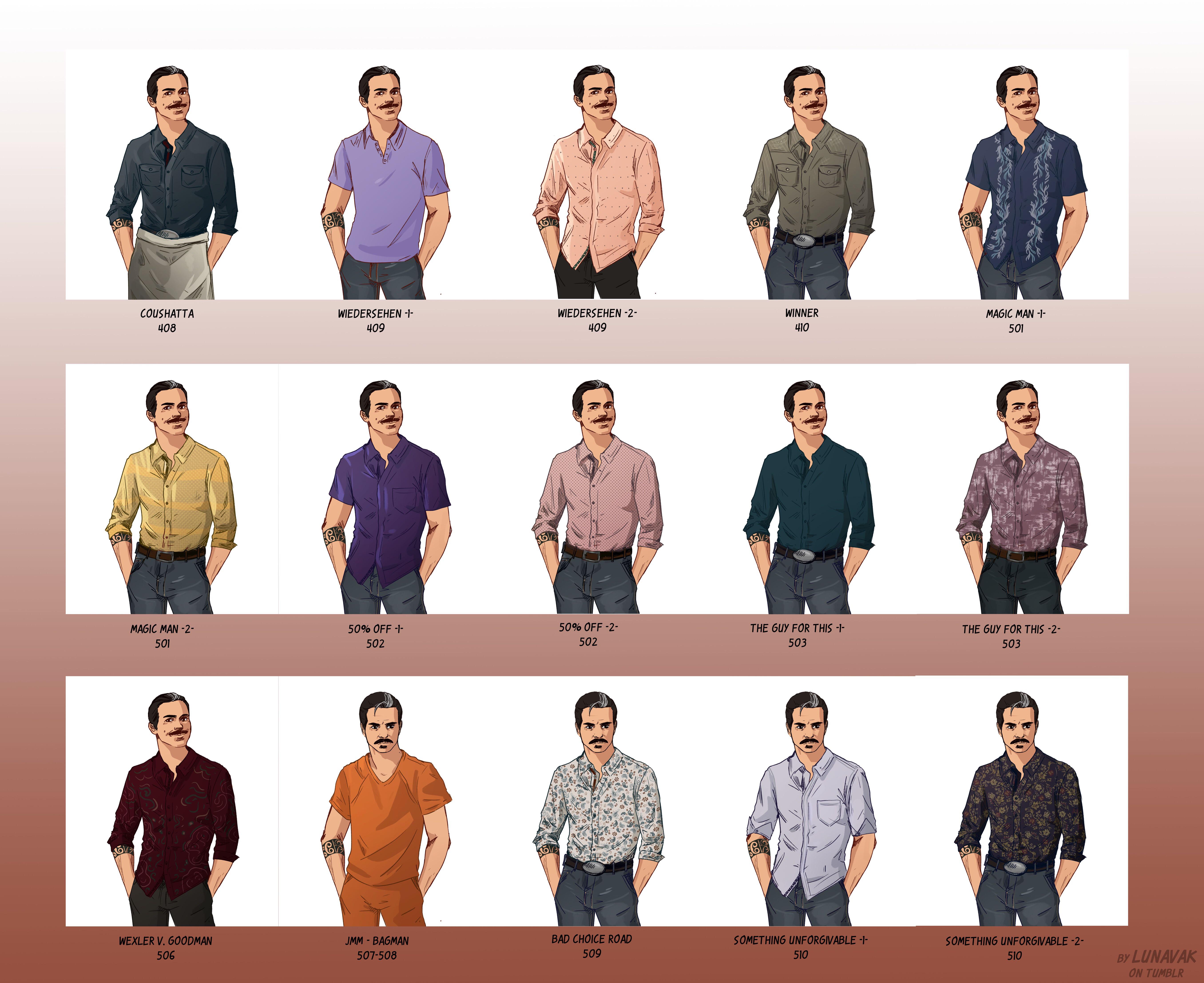 All of Lalo’s outfits thus far by your truly (I know I know, I’m