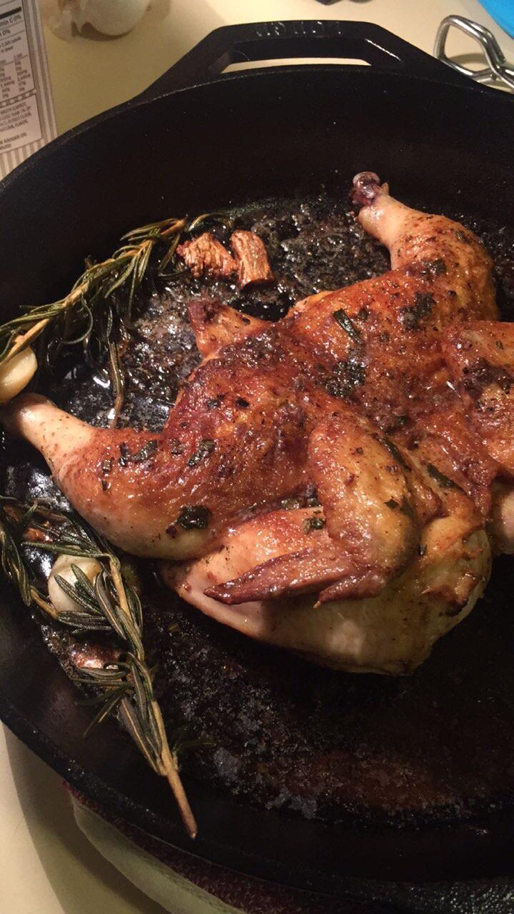[Homemade] butterflied Cornish hen seared in a cast iron and finished