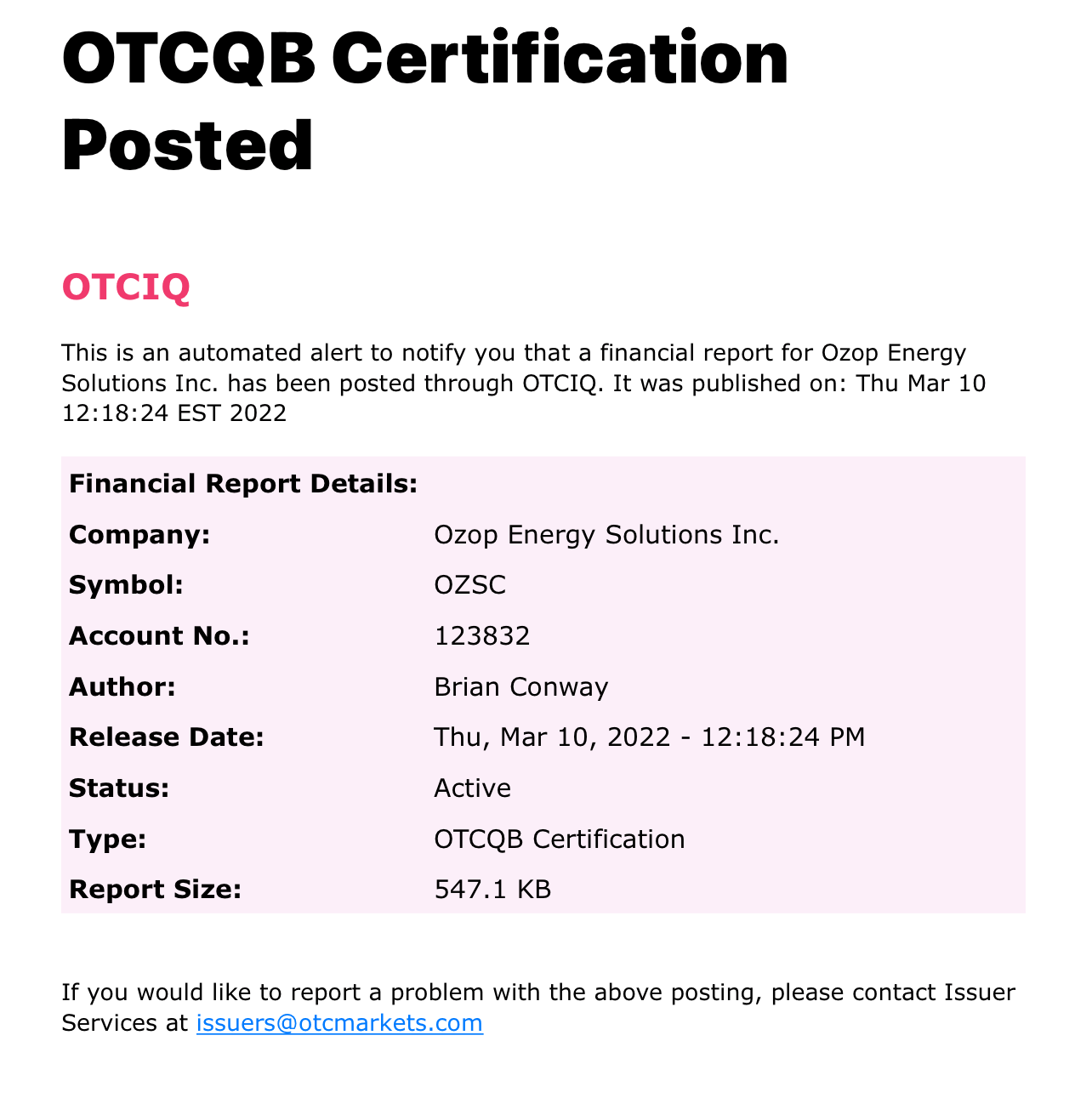 OTCBQ Certification Posted r/OZSC