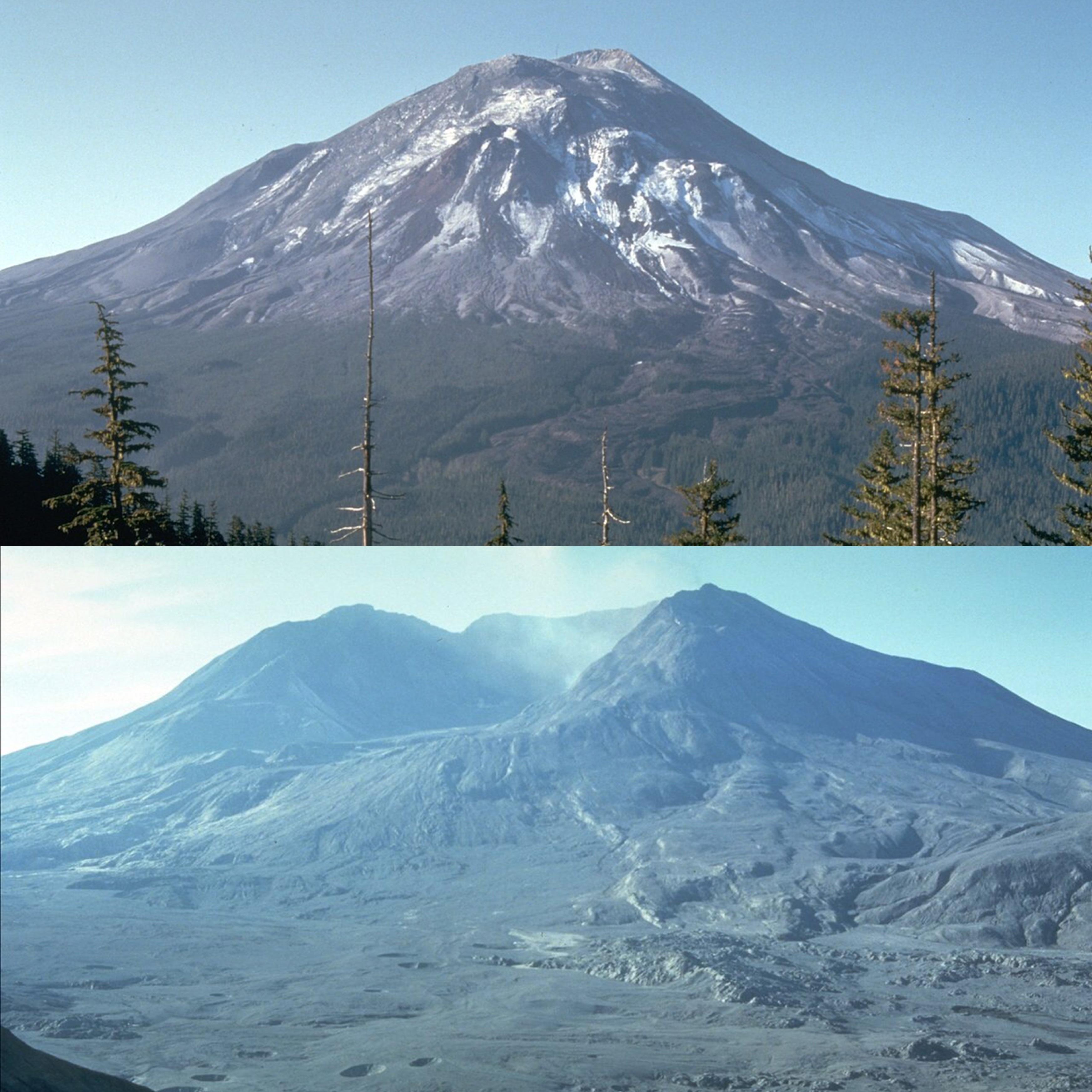 Mount St. Helens 1 day before and 4 months after it’s 1980 eruption. It