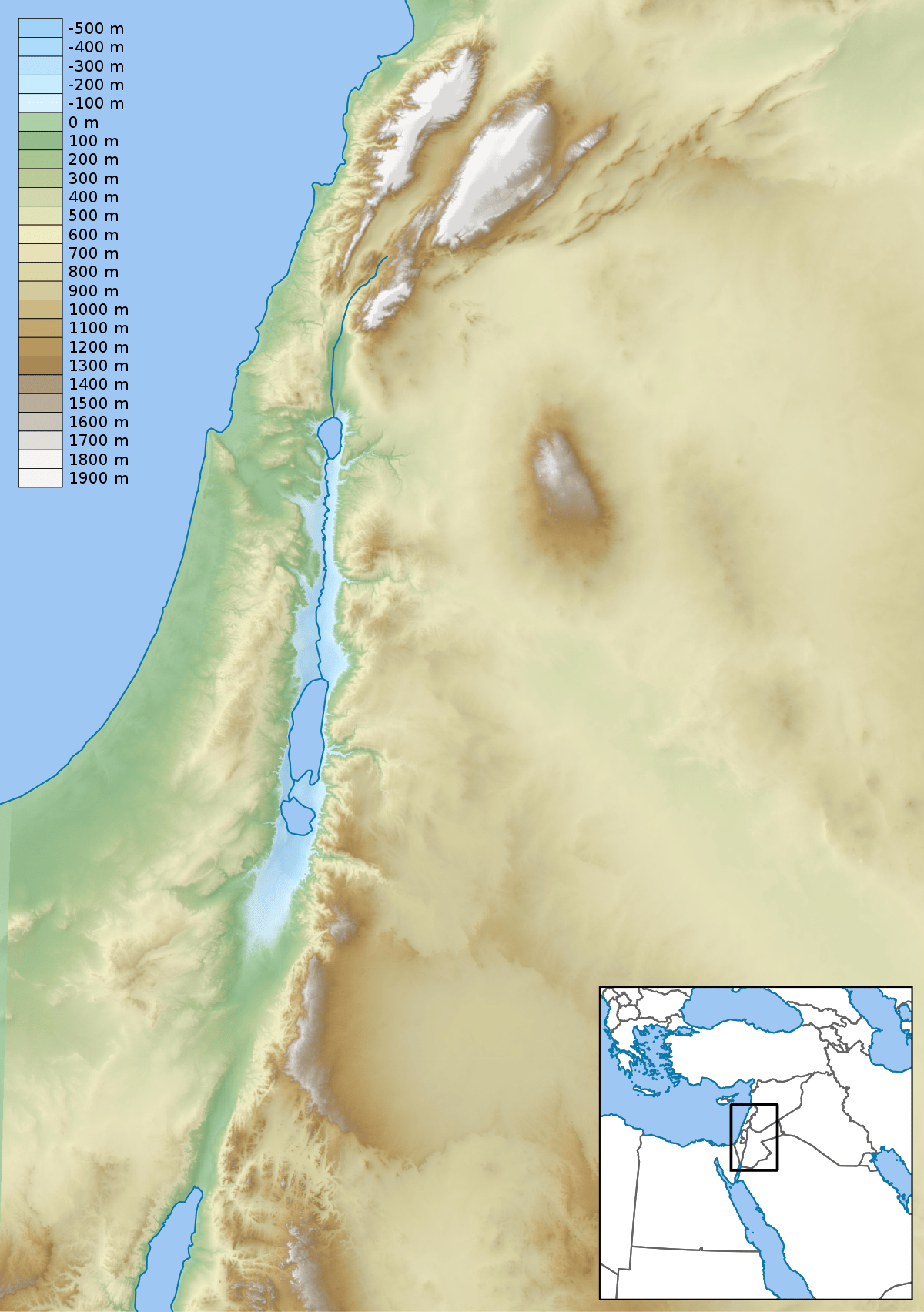 Topographic map of Levant consisting of Israel, Jordan, Lebanon and
