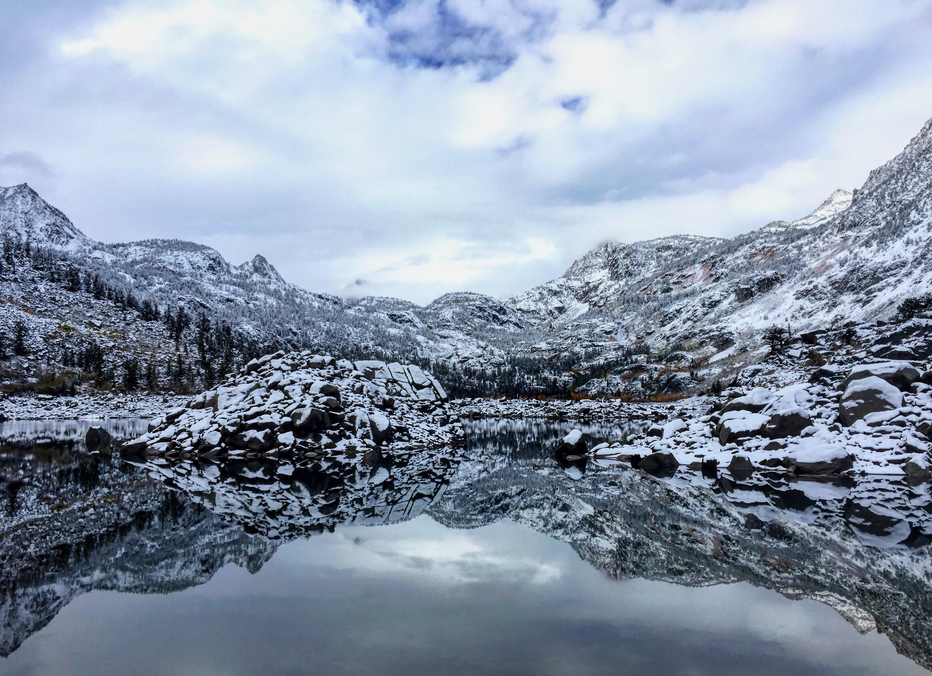 The Eastern Sierras after a early fall snow storm. Lake Sabrina, CA