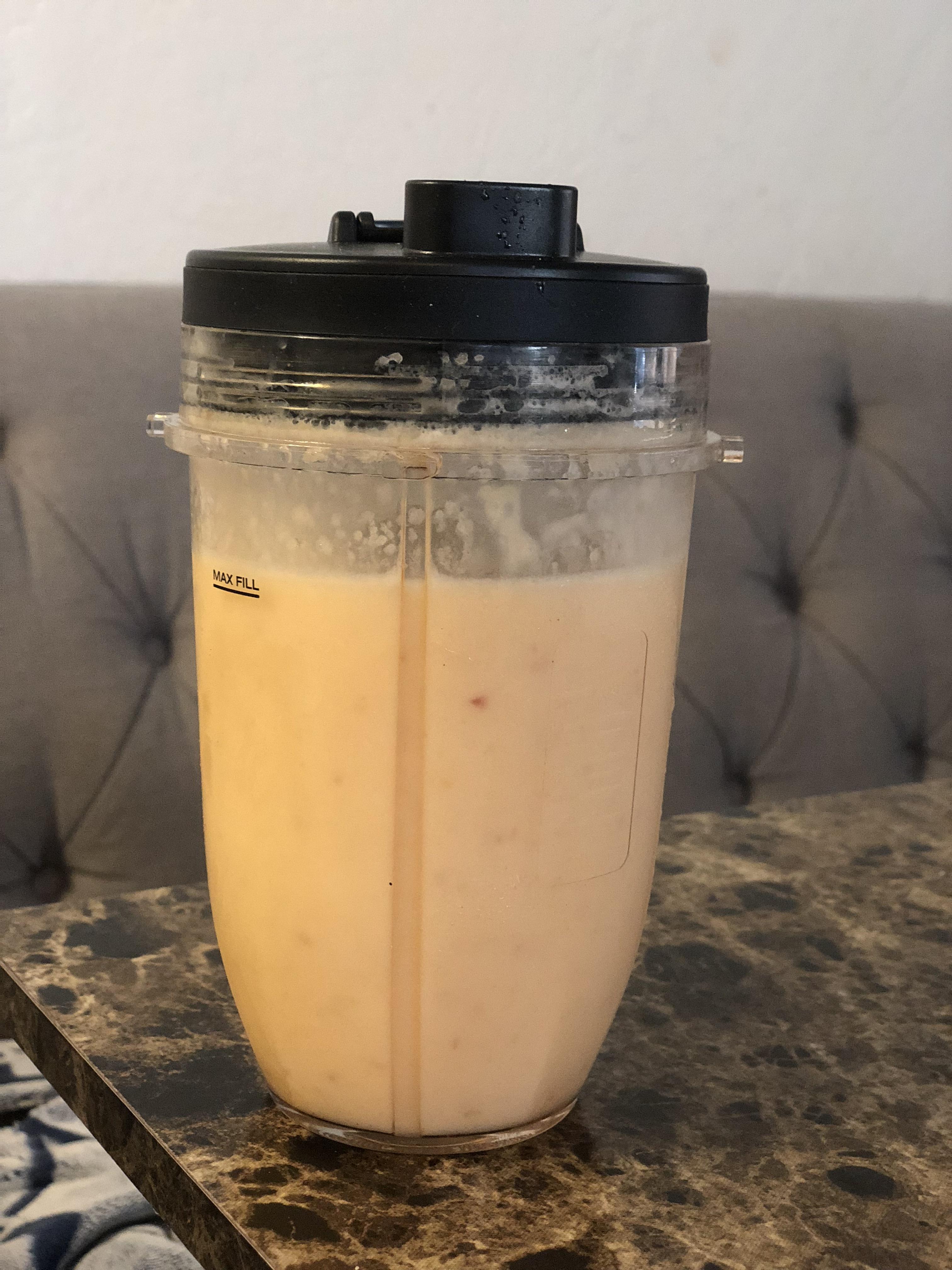 Cantaloupe, apple, peach yogurt, SO coconut milk, cinnamon and ice