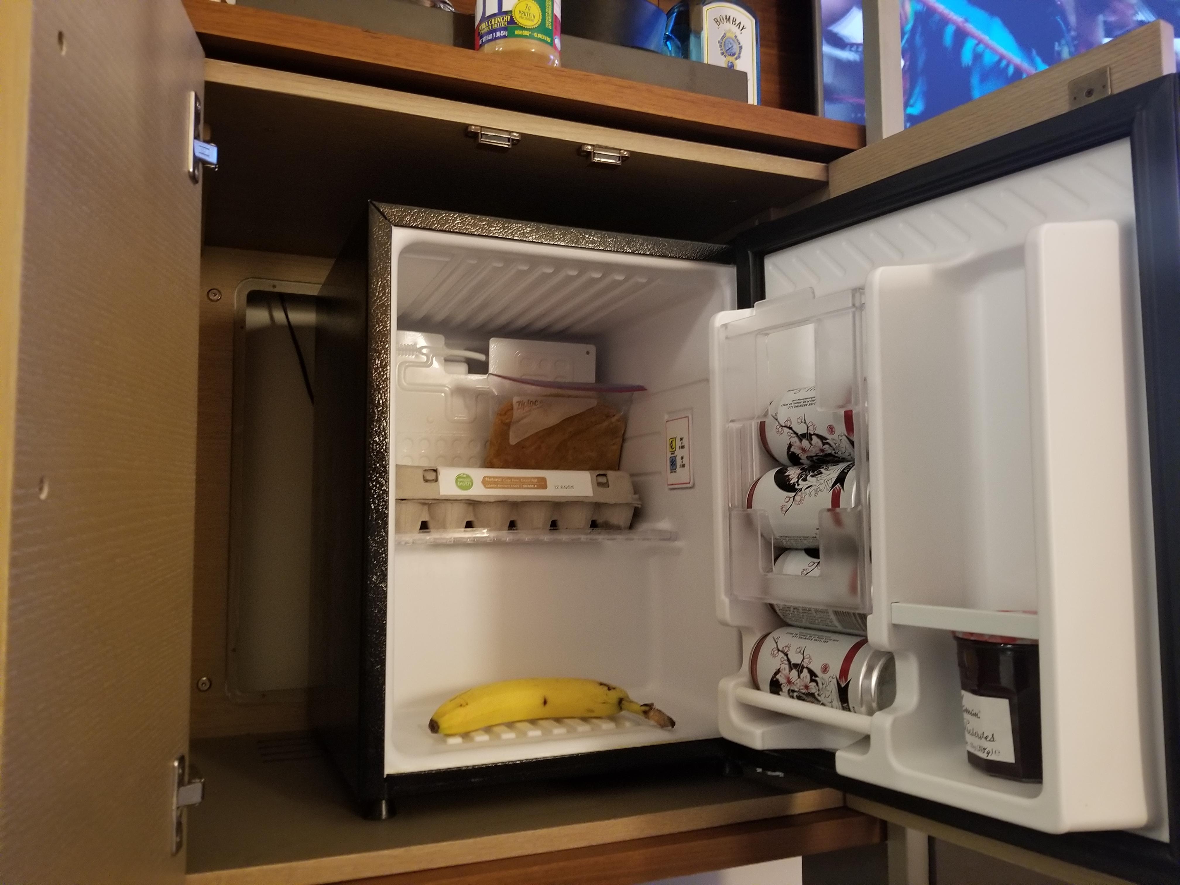 Marriott mini fridge with actual item for scale r/dragoncon