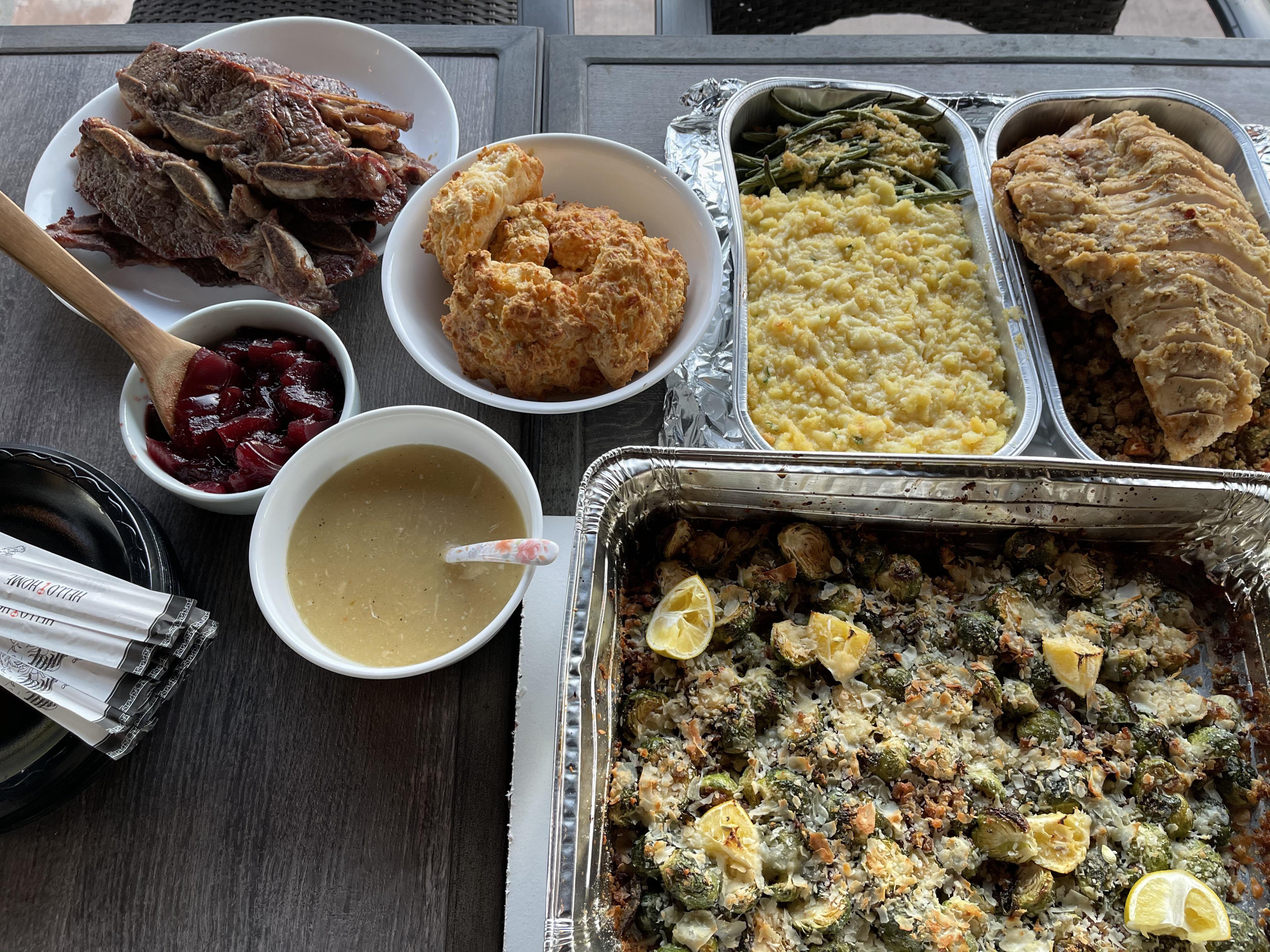 Costco meal kit with added garlic and rosemary, garlic butter brussel